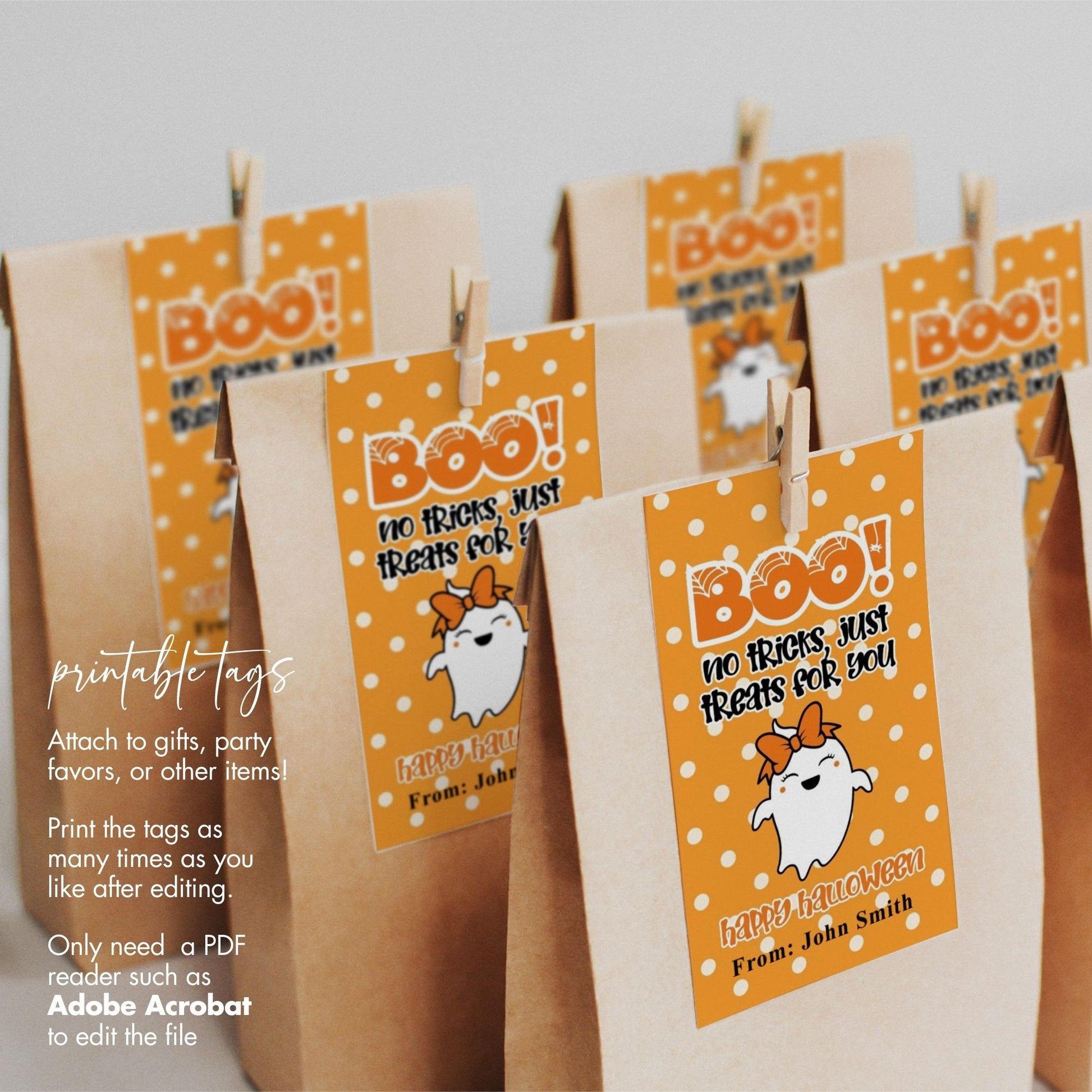 Boo! No Tricks, Just Treats" Halloween Favor Tags - Cute Printable 2x3.5 Inch Ghost Tags - Trick or Treat Bag Tags - Instant Download
