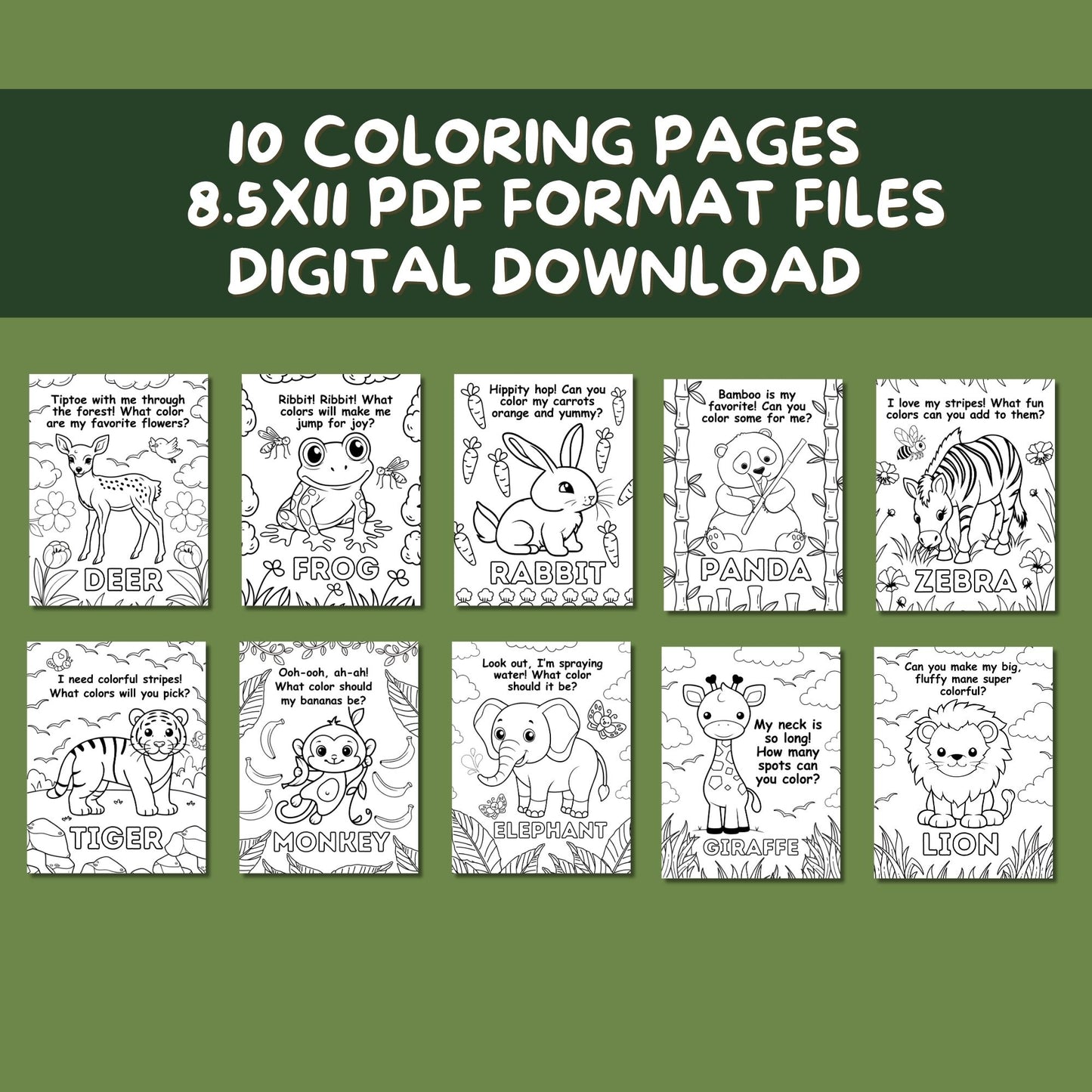 Safari Tails and Forest Trails Printable Coloring Book for Kids - 10 Pages