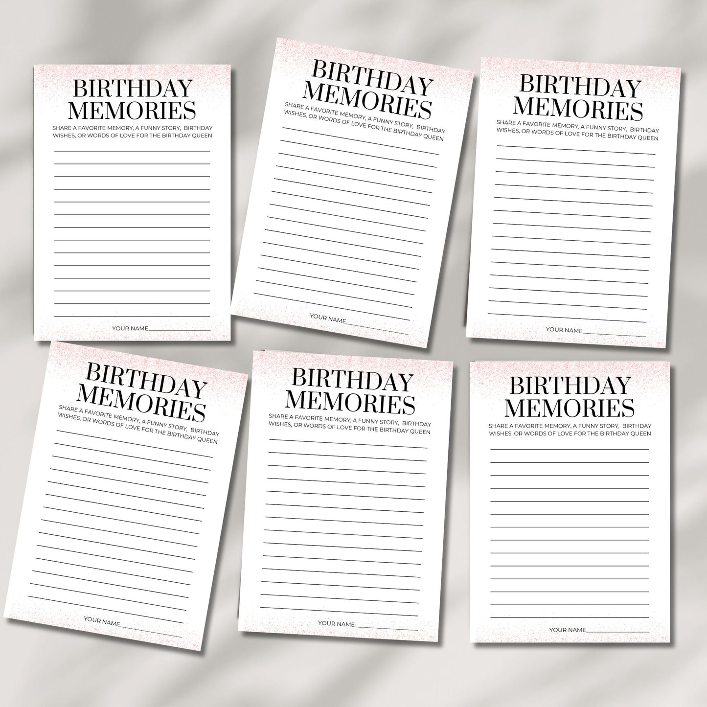 Rose Gold Birthday Memories Cards – Printable 8.5x11 Sheet | Share a Favorite Memory for the Birthday Queen | Instant Download Party Activity
