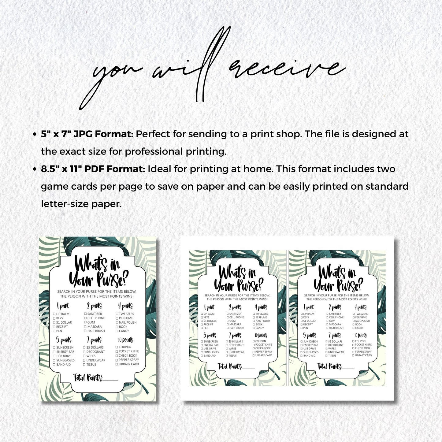 What's in Your Purse? Bridal Shower Game, Tropical Greenery Theme