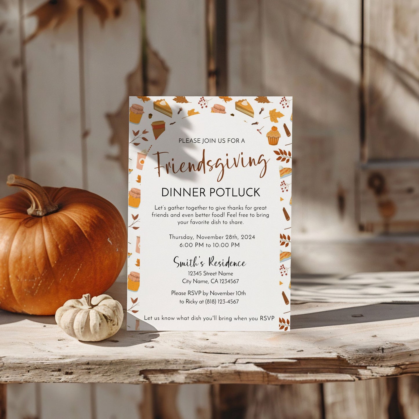 Editable Friendsgiving Invitation | Thanksgiving Potluck Dinner Invite | Fall-Themed Customizable Template | Printable 5x7 Digital Download in Corjl