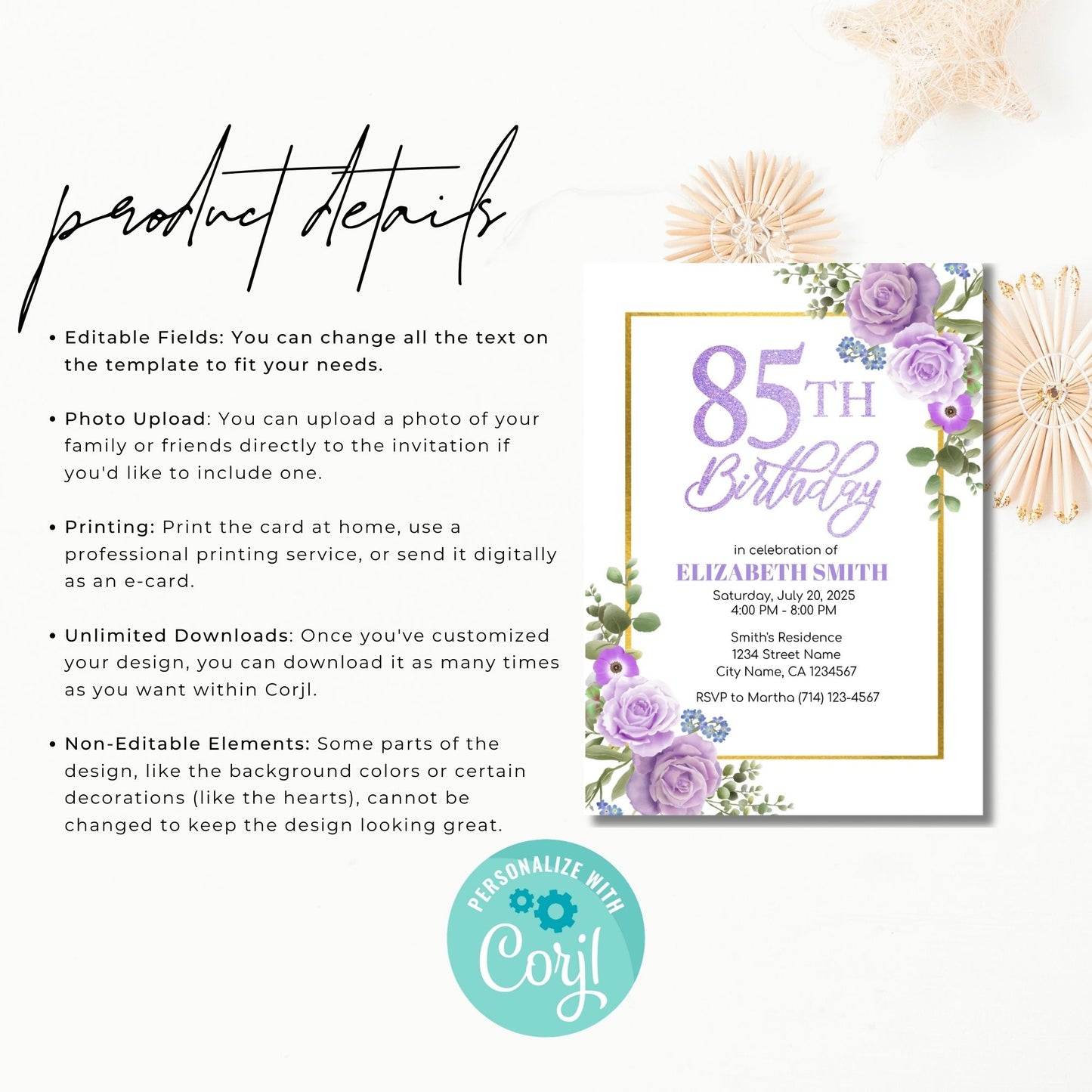 75th Birthday Invitation Template Purple Floral