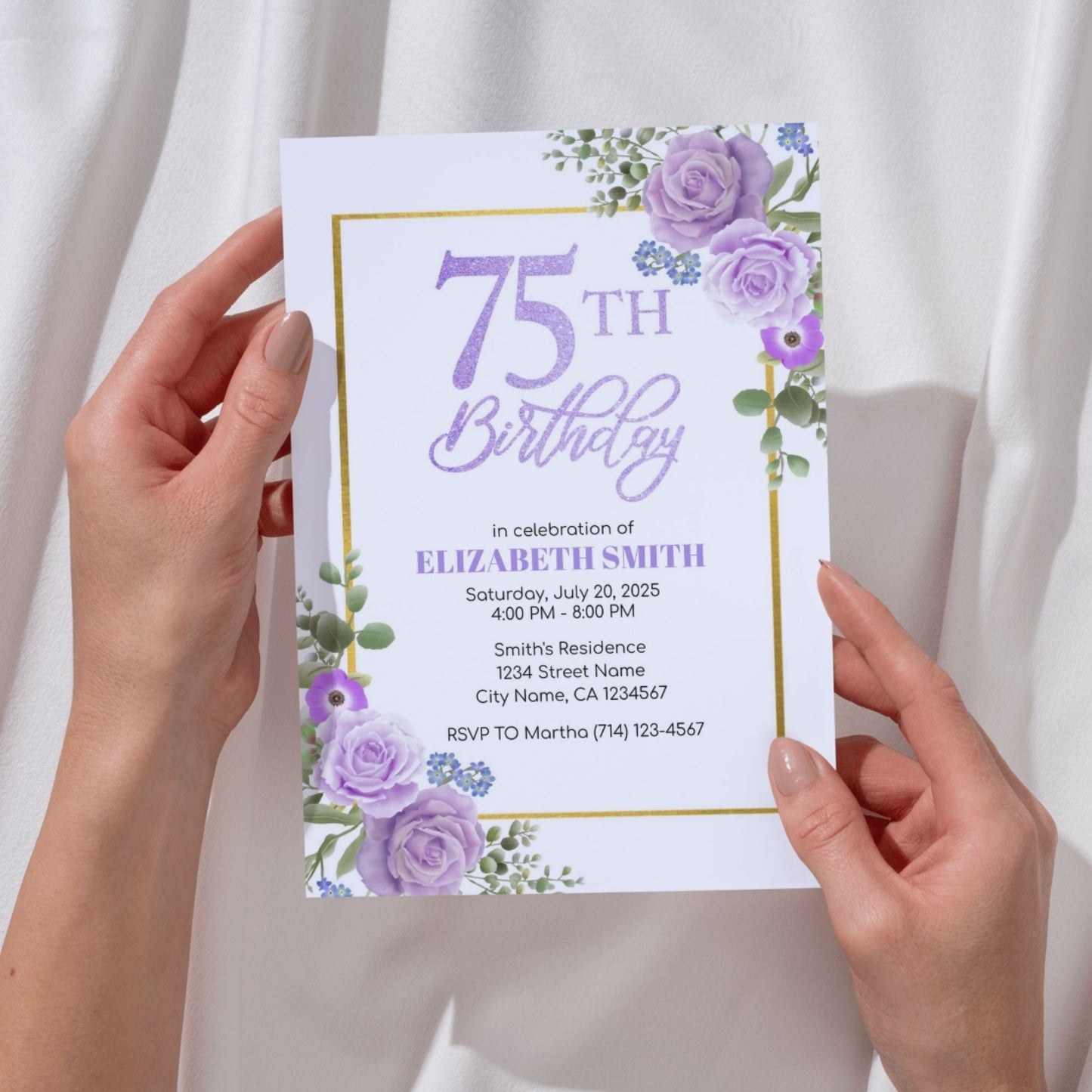 Editable 55th 65th 75th 85th Birthday Invitation Template | Purple Floral Birthday Party Invite | Printable Digital Download