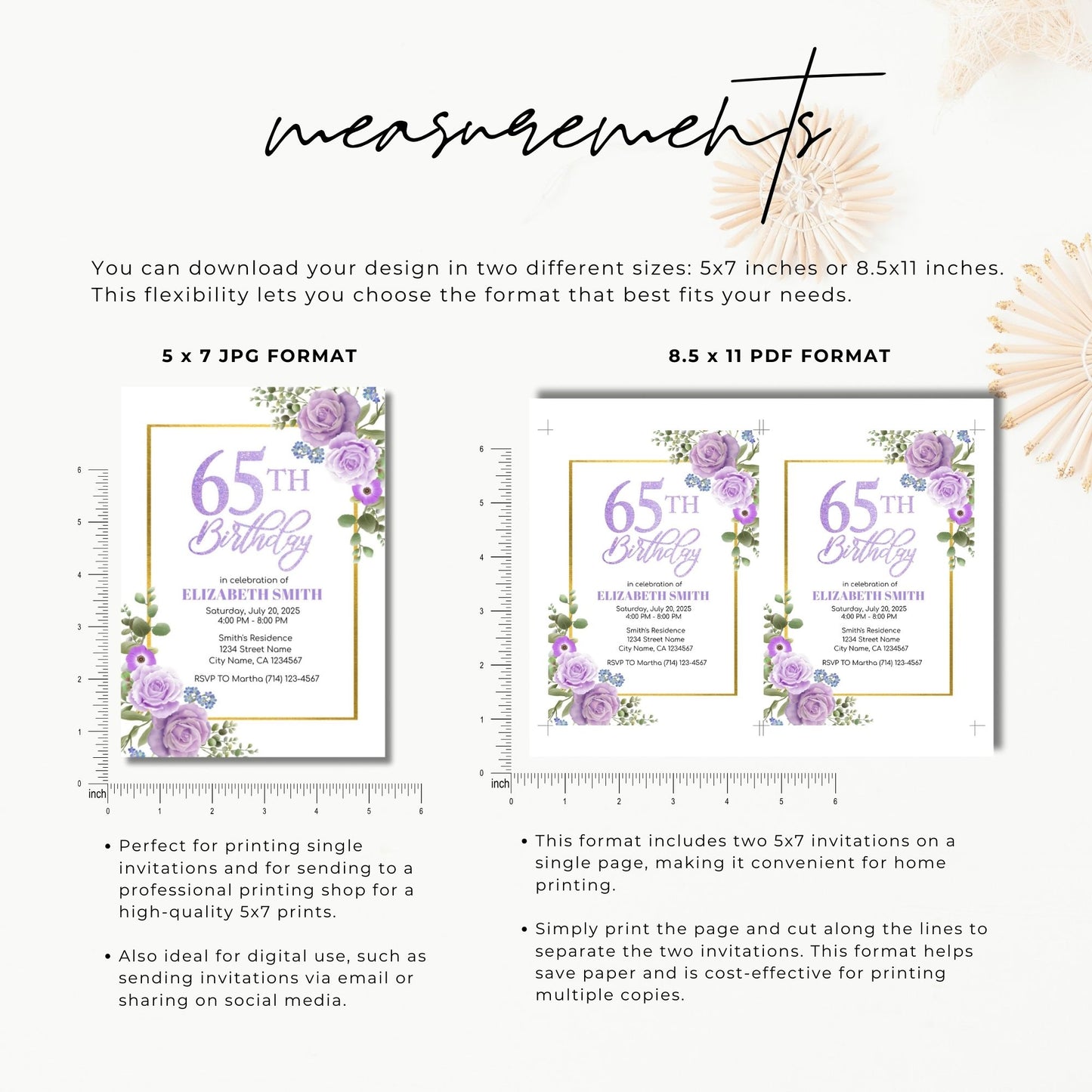 65th Birthday Invitation Template Purple Floral
