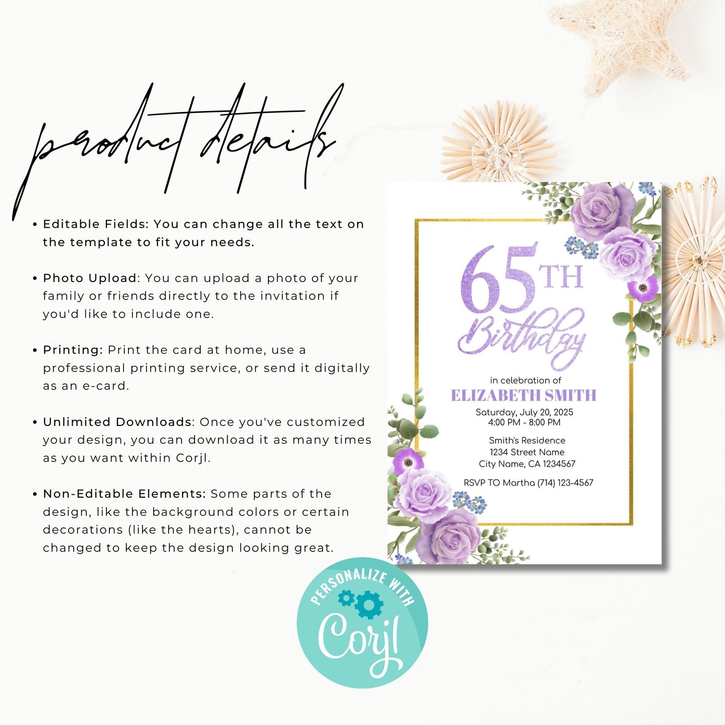 65th Birthday Invitation Template Purple Floral