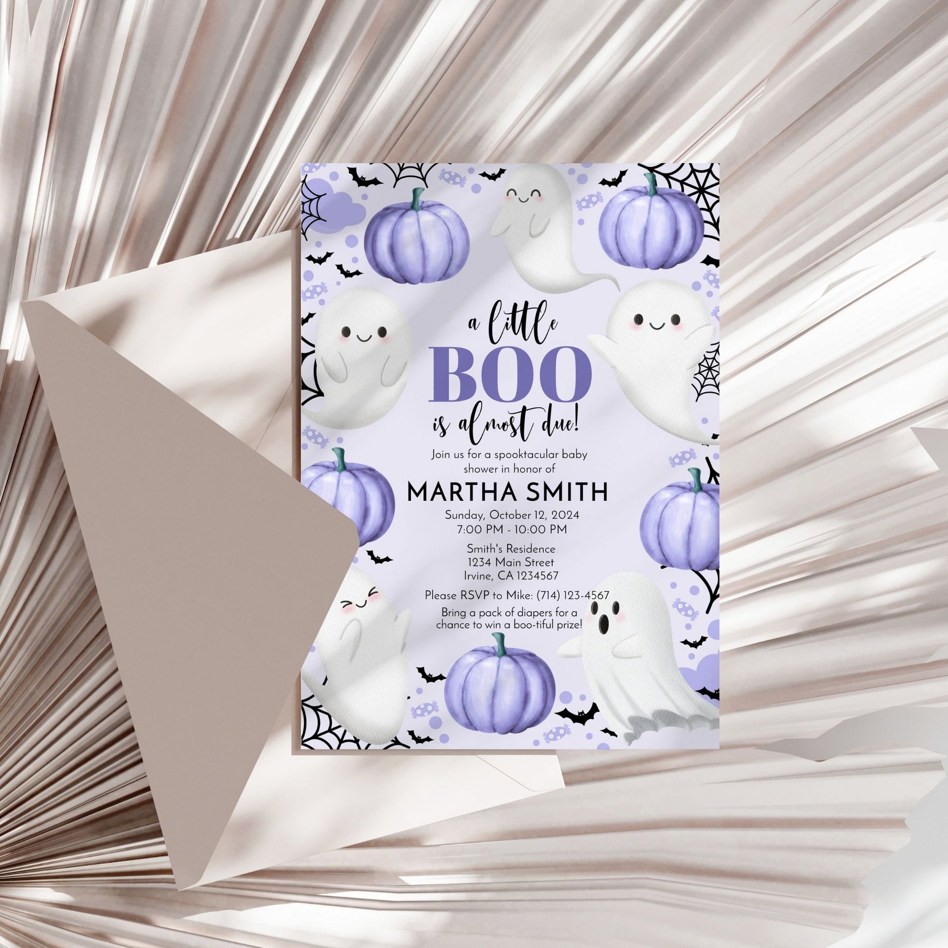 A Little Boo is Almost Due! Purple Ghost Baby Shower Invitation | Editable 5x7 Template | Halloween-Themed Printable in Corjl