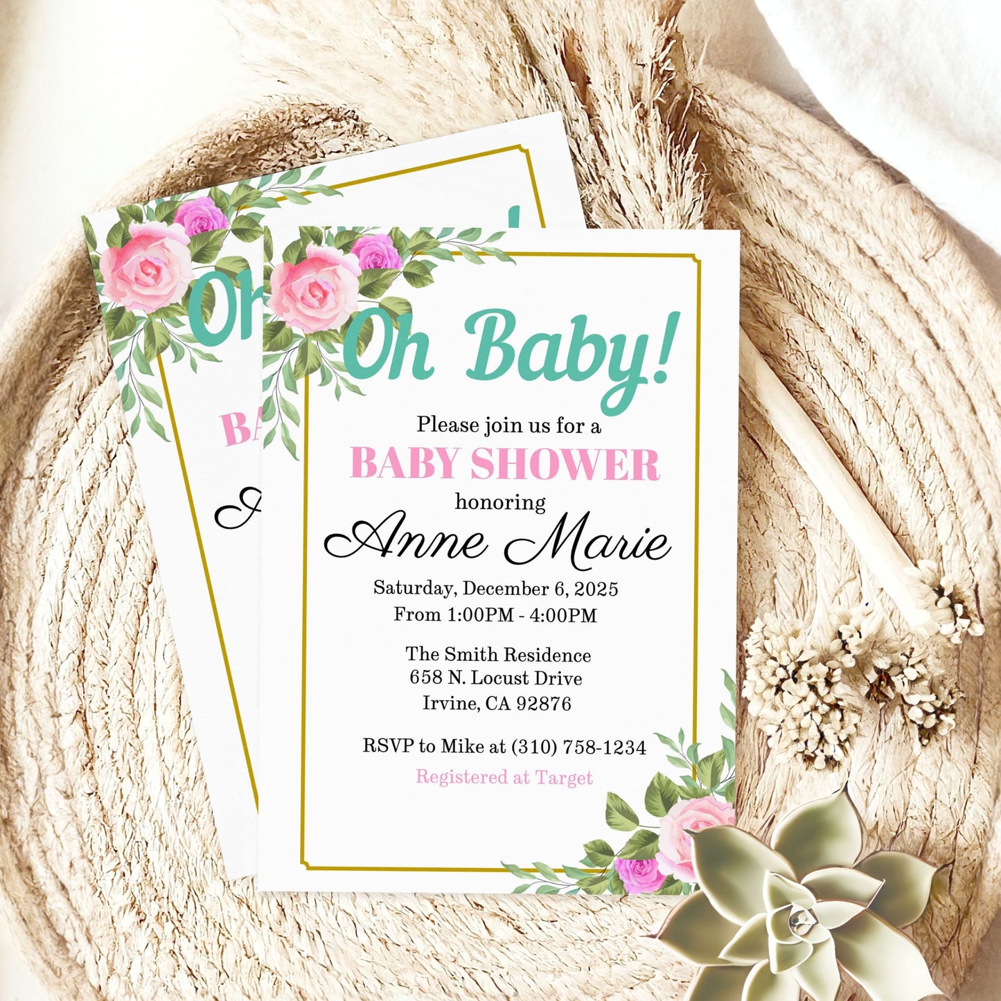 Oh Baby Shower Invitation Template Editable Corjl 5x7 Floral Pink Greenery Gold Baby Girl Printable Digital Download Invite