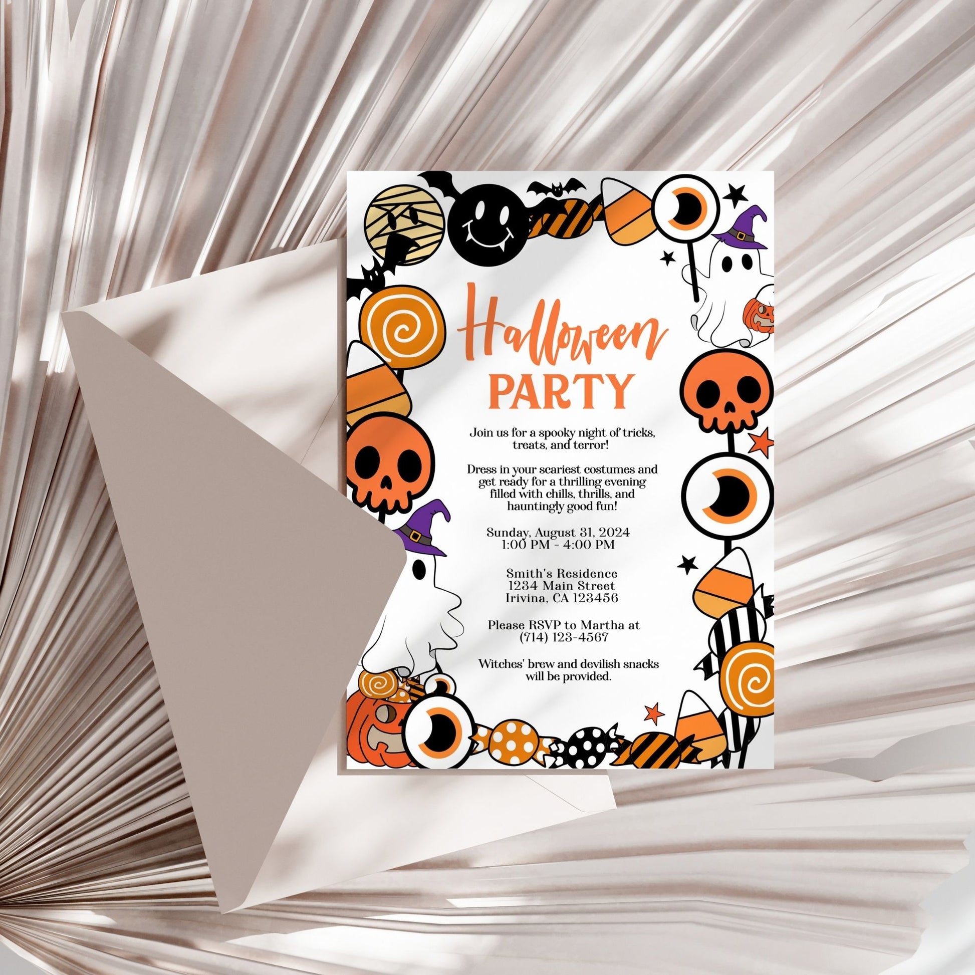 Editable Halloween Party Invitation | Candy-Themed Spooky Invite | Customizable 5x7 Printable Template | Instant Download in Corjl