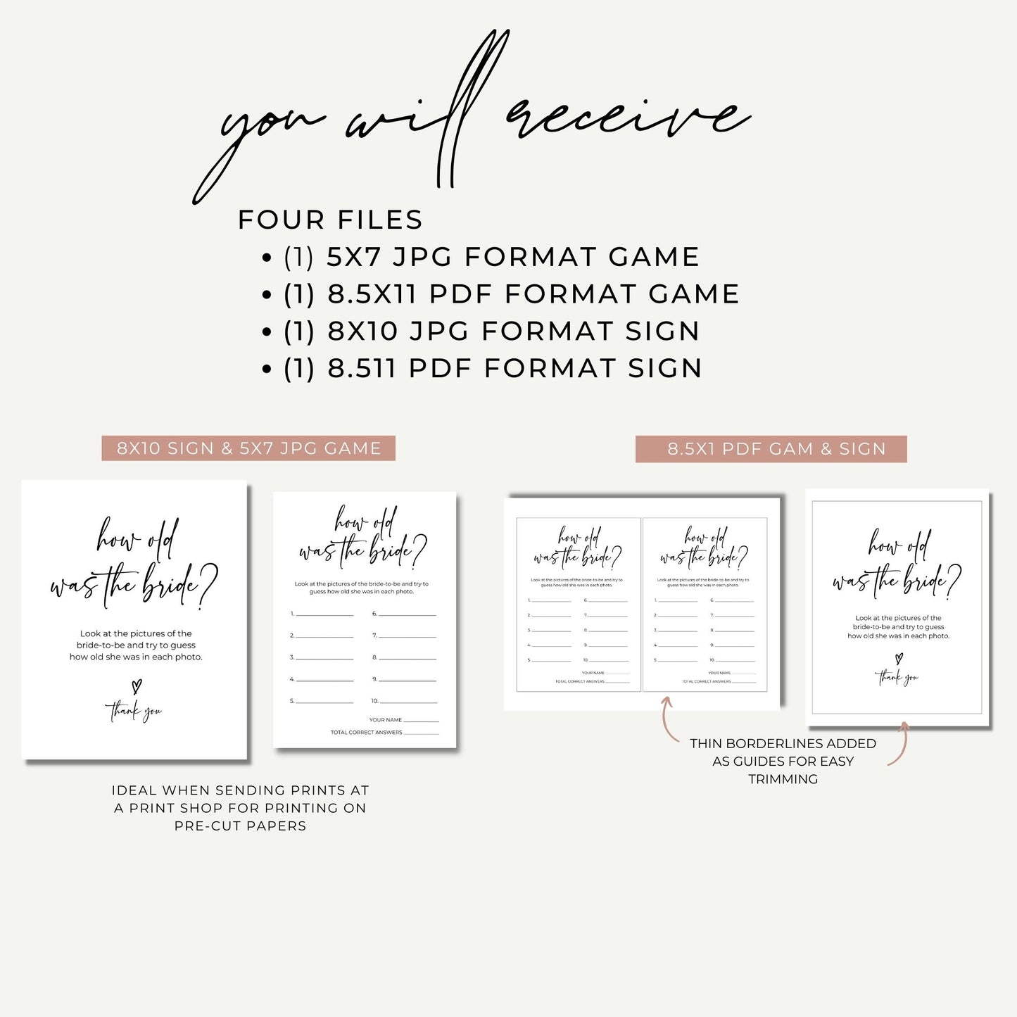 How Old Was the Bride Photo Game 8x10 Sign & 5x7 Game Card Set