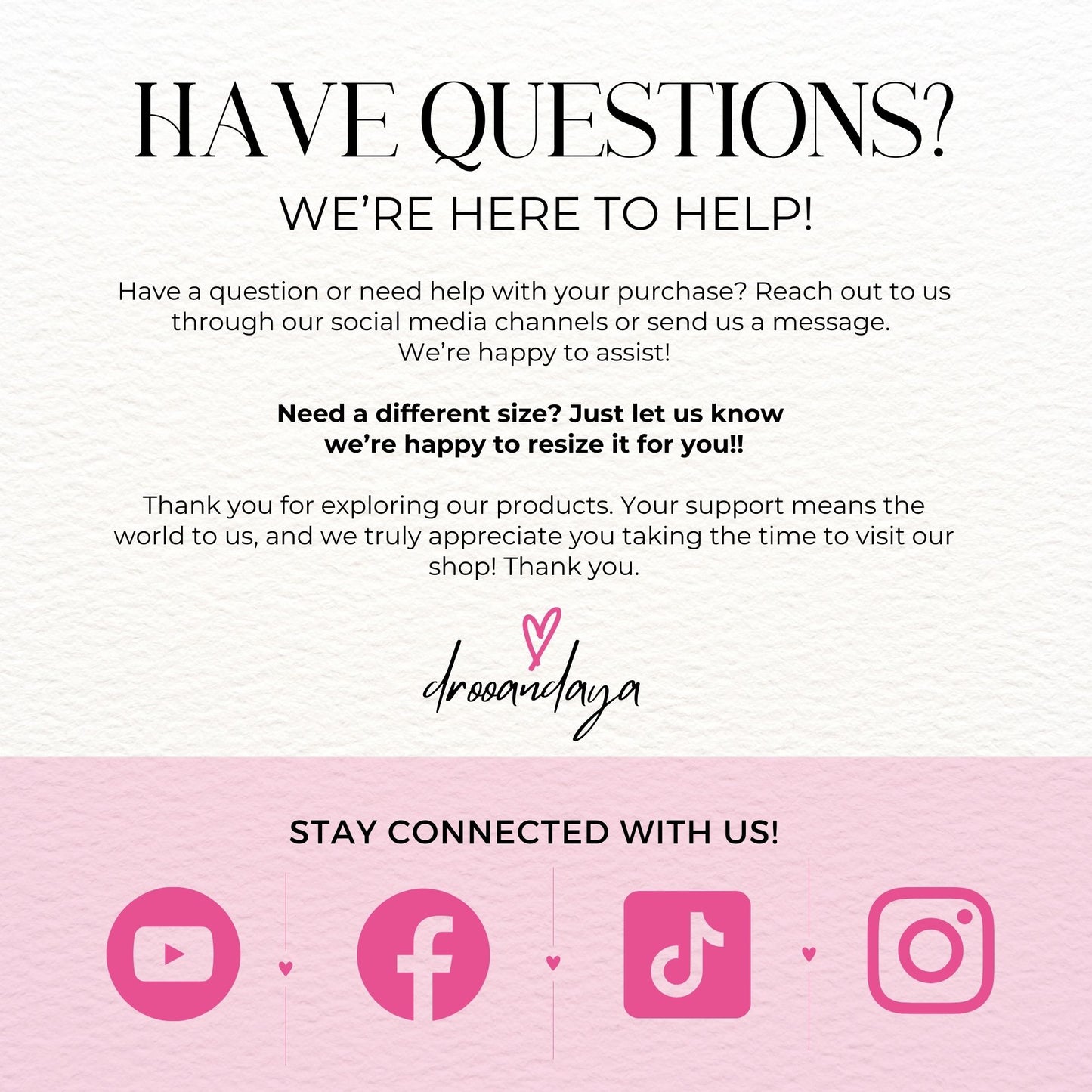 Customer service message with contact information and brand logo on a pink background