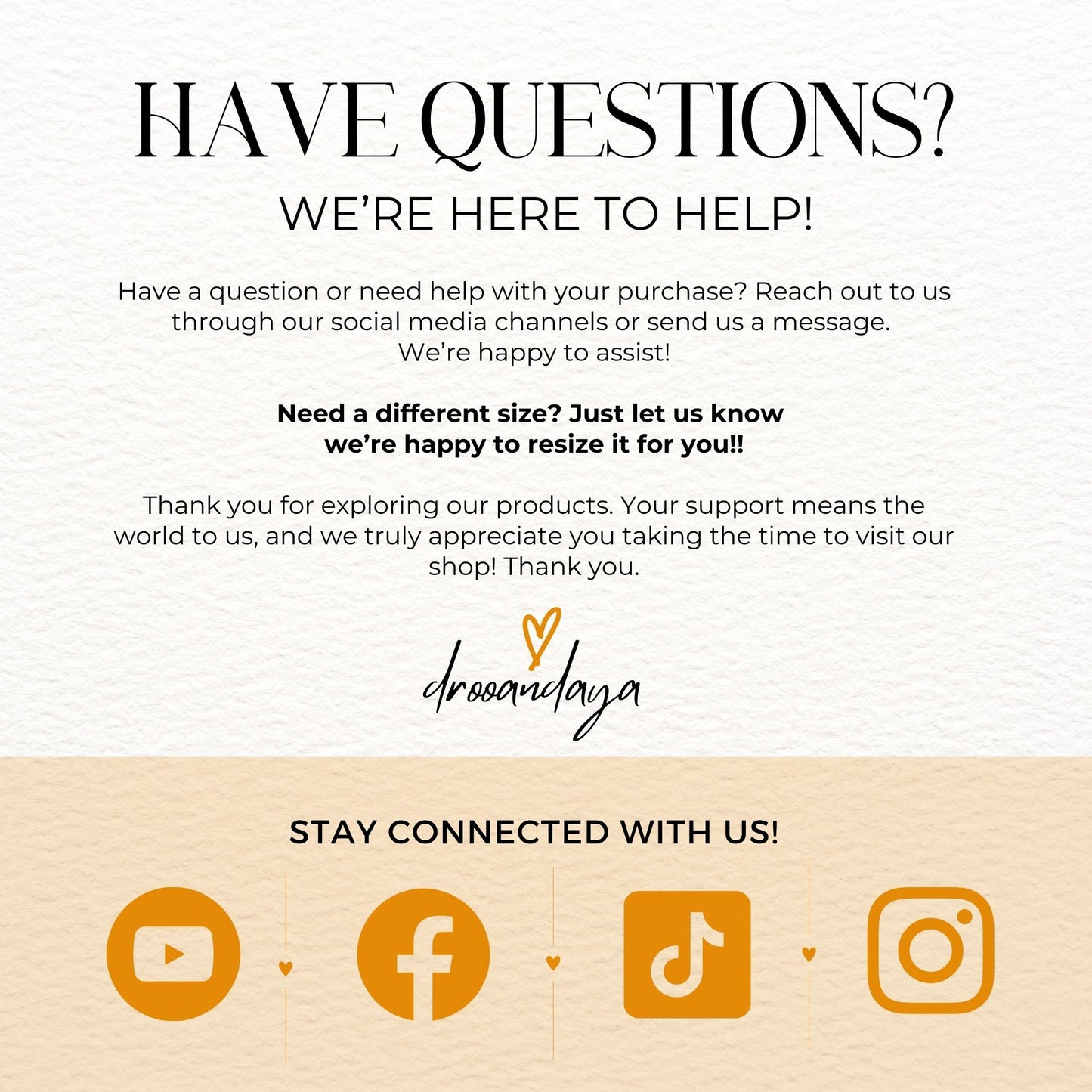 Customer service message with contact information and social media icons on a white background