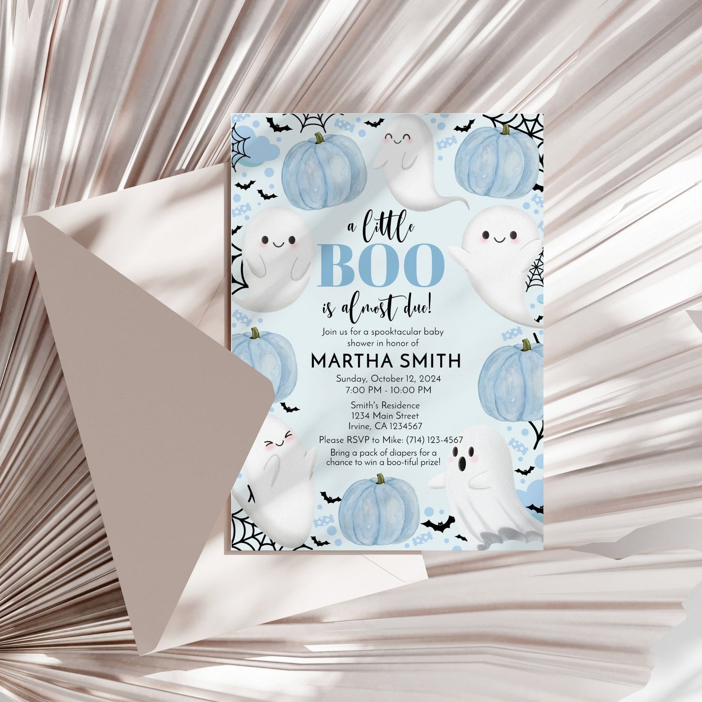 A Little Boo is Almost Due! Halloween Baby Shower Invitation | Blue Ghost Theme | Editable 5x7 Template | Printable Digital Download in Corjl