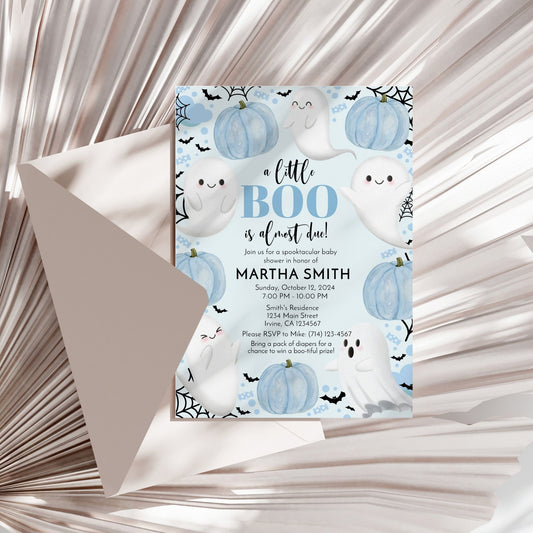 A Little Boo is Almost Due! Halloween Baby Shower Invitation | Blue Ghost Theme | Editable 5x7 Template | Printable Digital Download in Corjl