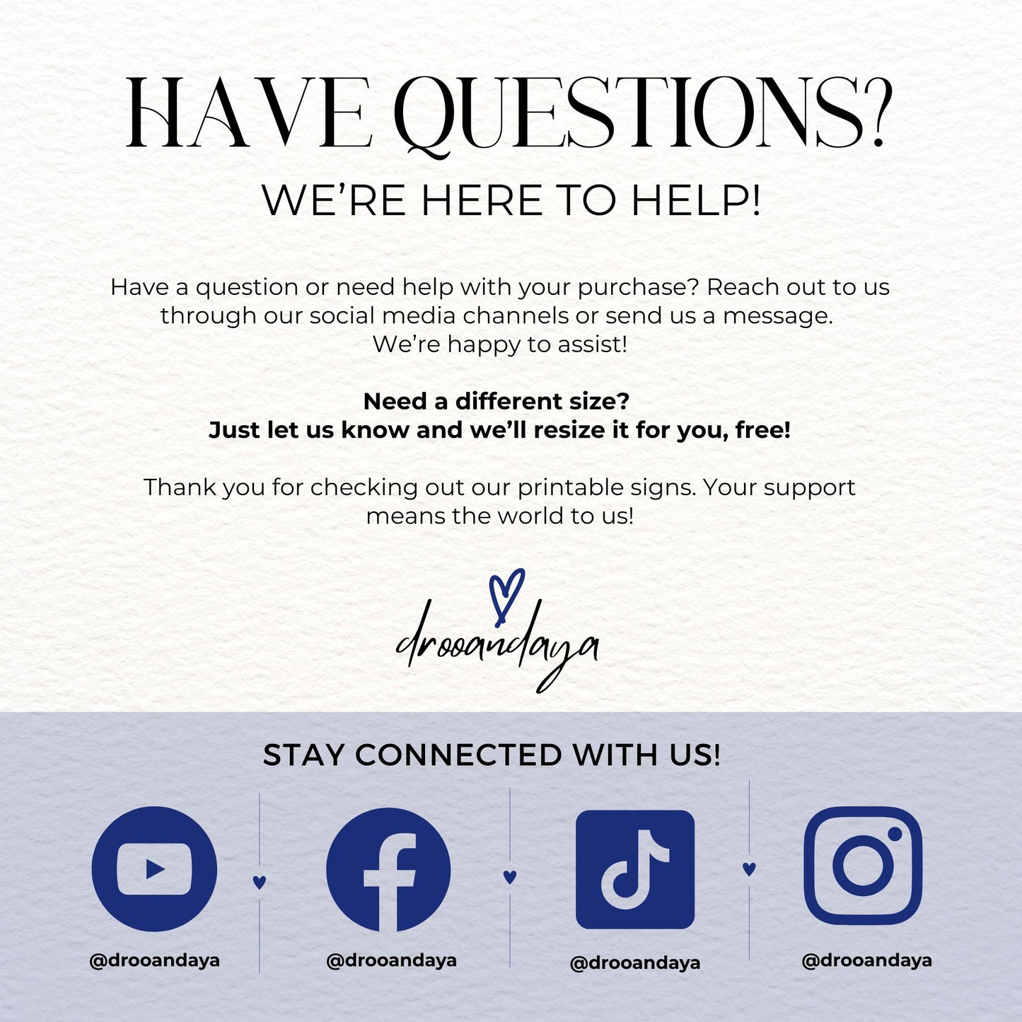 Customer service message with contact information and brand logo on a white background