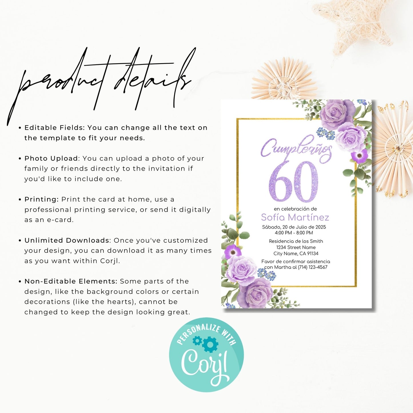 60th 70th 80th Purple Floral Cumpleaños Invitation