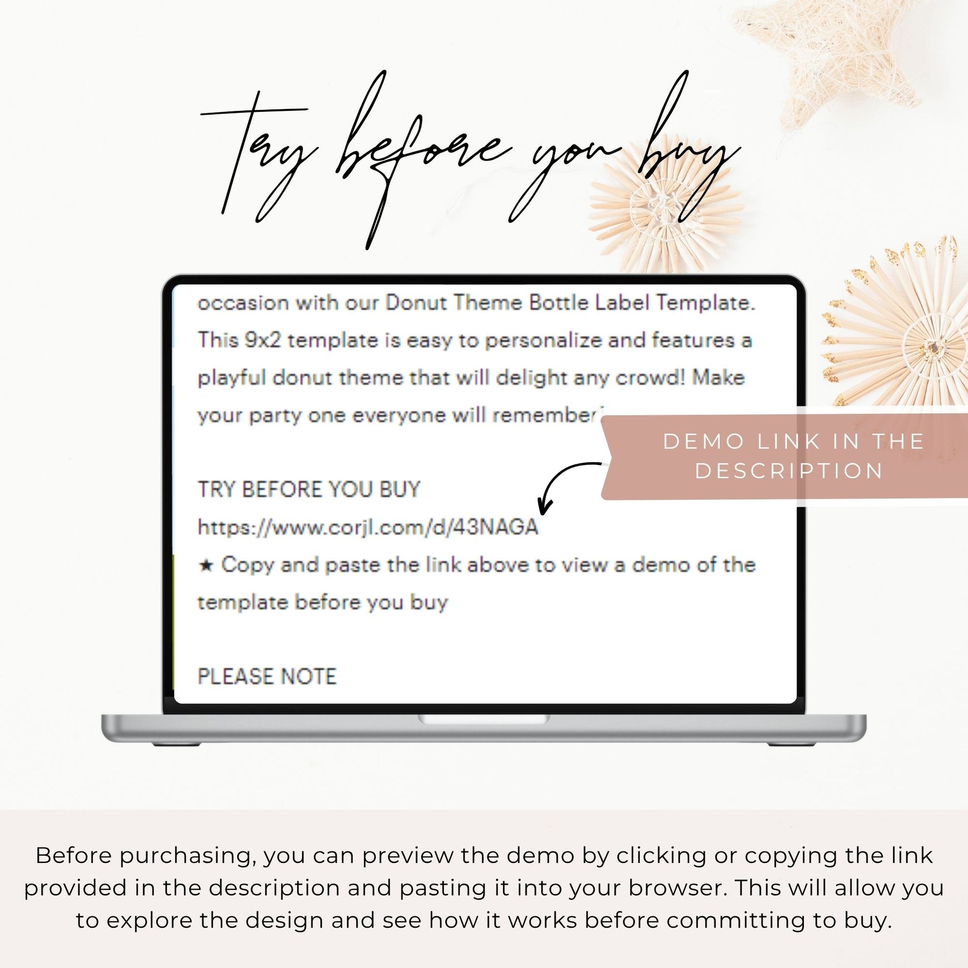 Promotional graphic for a Donut Theme Bottle Label Template with text and a laptop displaying the template.