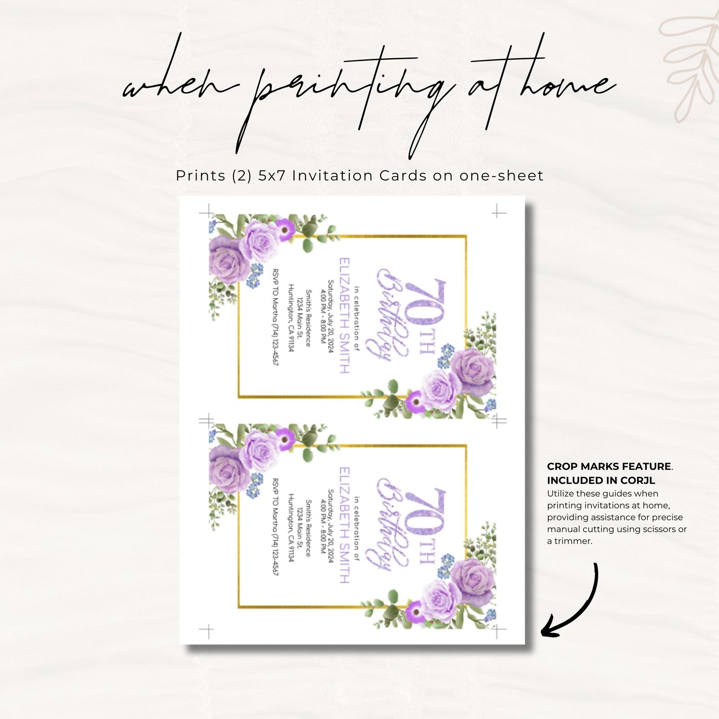 70th Birthday Invitation Template Purple Floral 5x7