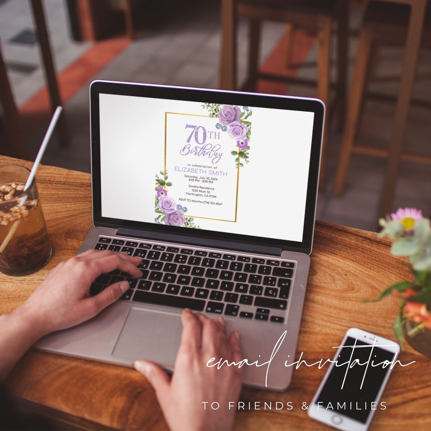 70th Birthday Invitation Template Purple Floral 5x7