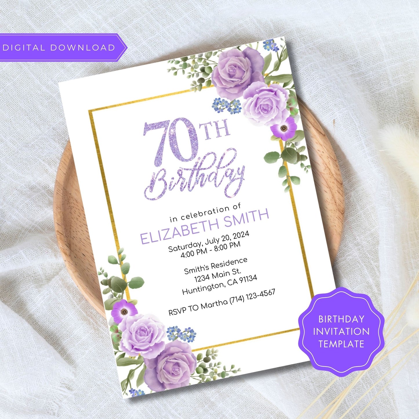 70th Birthday Invitation Template Purple Floral 5x7