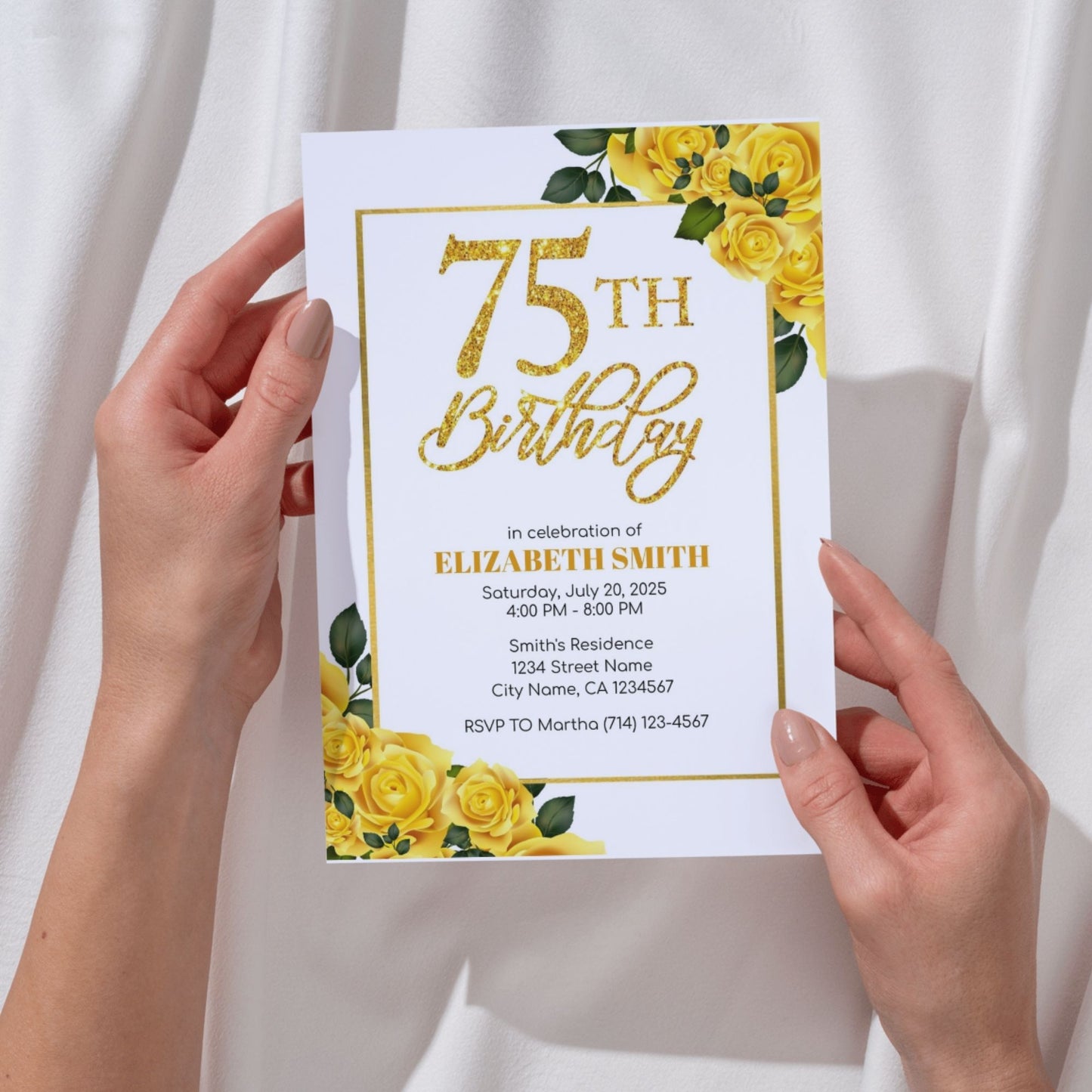 Editable 75th or 65th Birthday Party Invitation Template 5x7, Gold Floral Birthday Invitation, 65th Invites Template, 65th Bday, 75th Bday