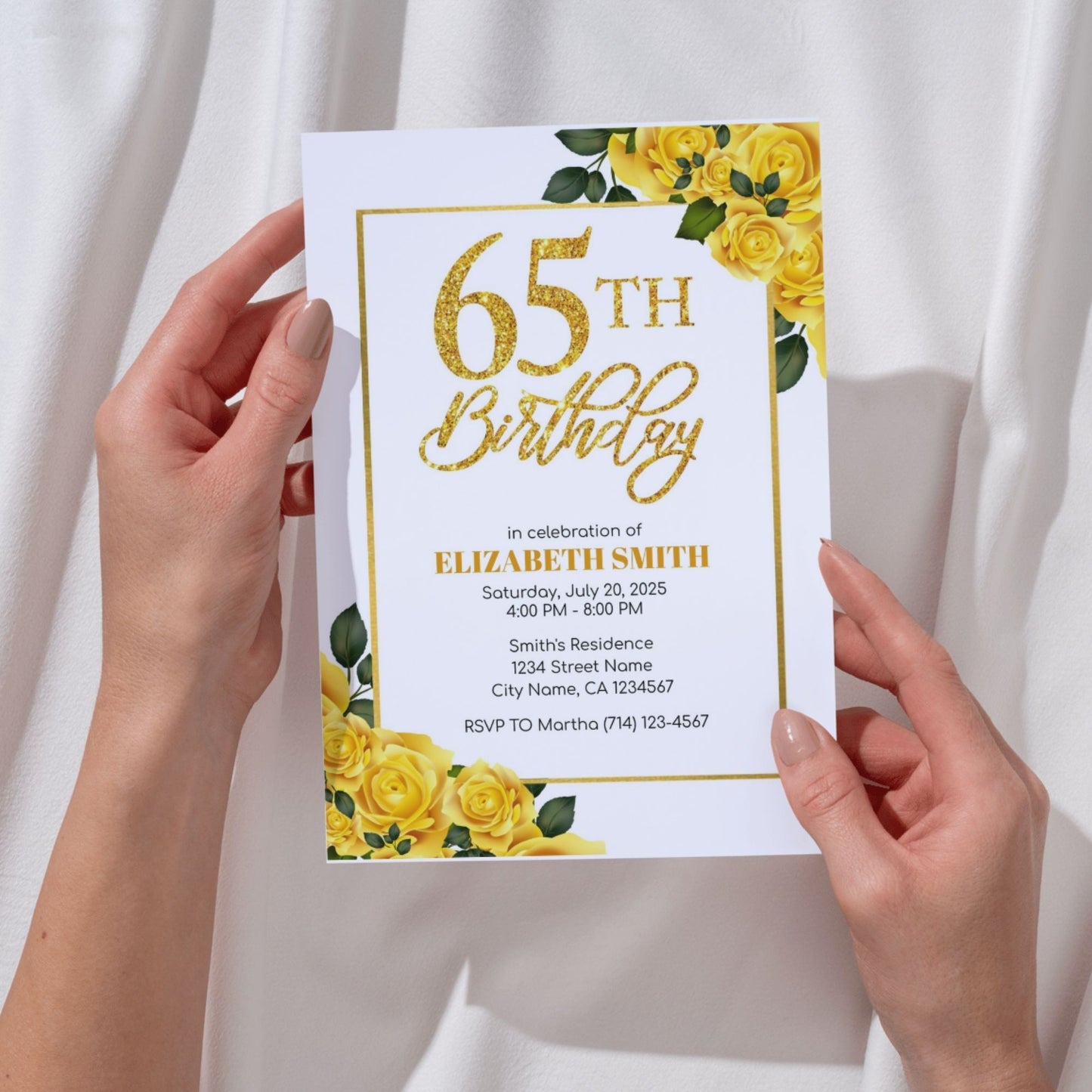 Editable 75th or 65th Birthday Party Invitation Template 5x7, Gold Floral Birthday Invitation, 65th Invites Template, 65th Bday, 75th Bday