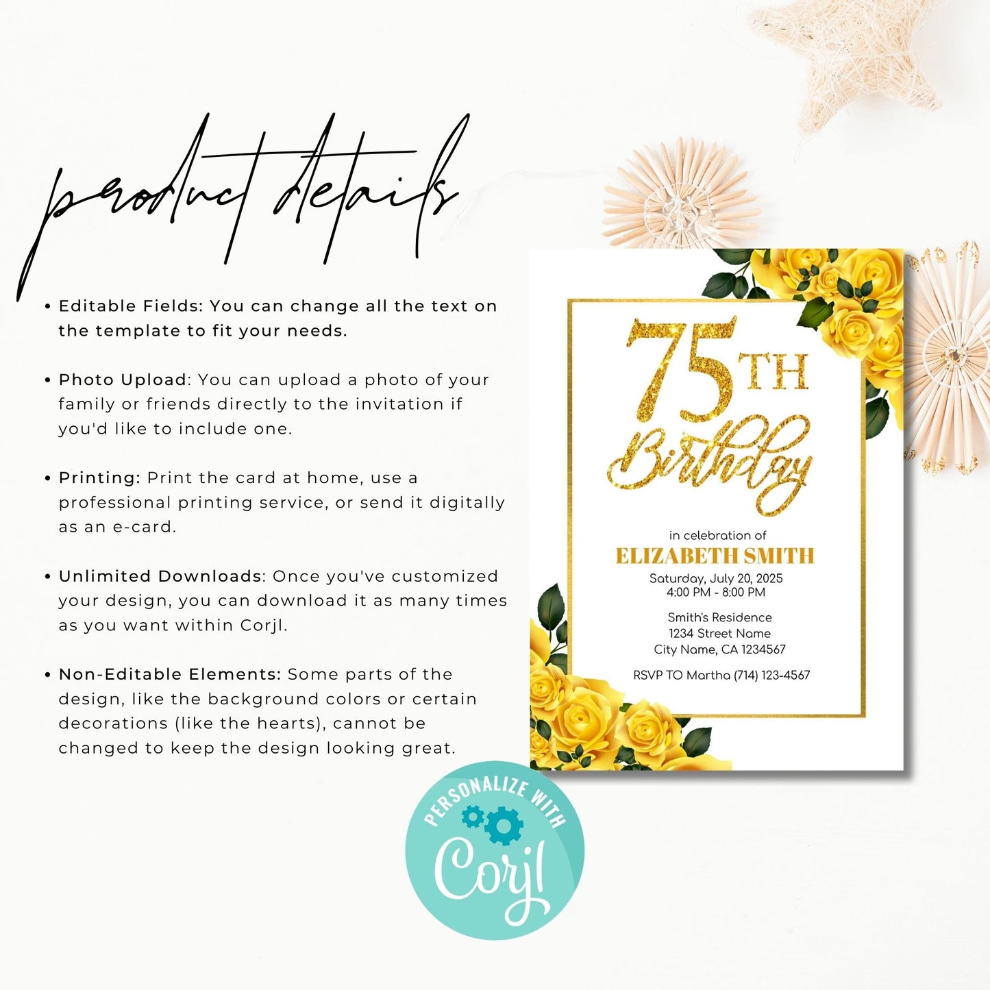 75th or 65th Birthday Invitation Template Purple Gold