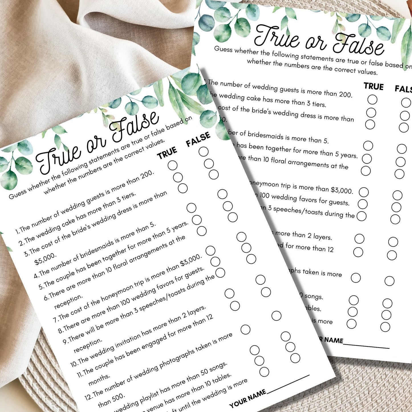 Bridal Shower True or False Game - Greenery