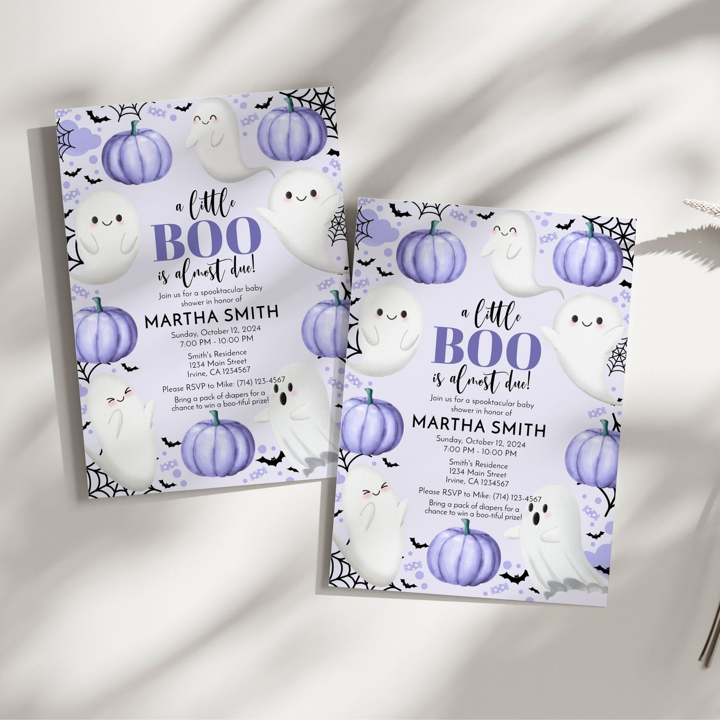 A Little Boo is Almost Due! Purple Ghost Baby Shower Invitation | Editable 5x7 Template | Halloween-Themed Printable in Corjl