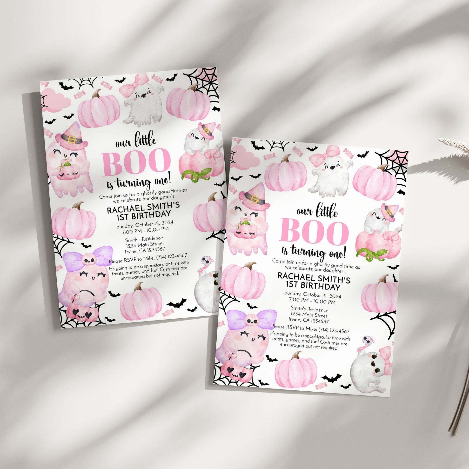 Our Little Boo is Turning One! Halloween 1st Birthday Invitation | Pink Ghost Theme | Editable 5x7 Template | Printable Digital Download in Corjl