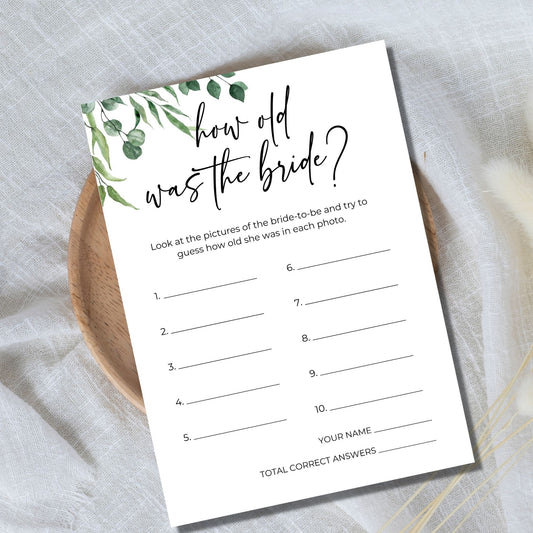 How Old Was the Bride Photo Game Greenery Bridal Shower