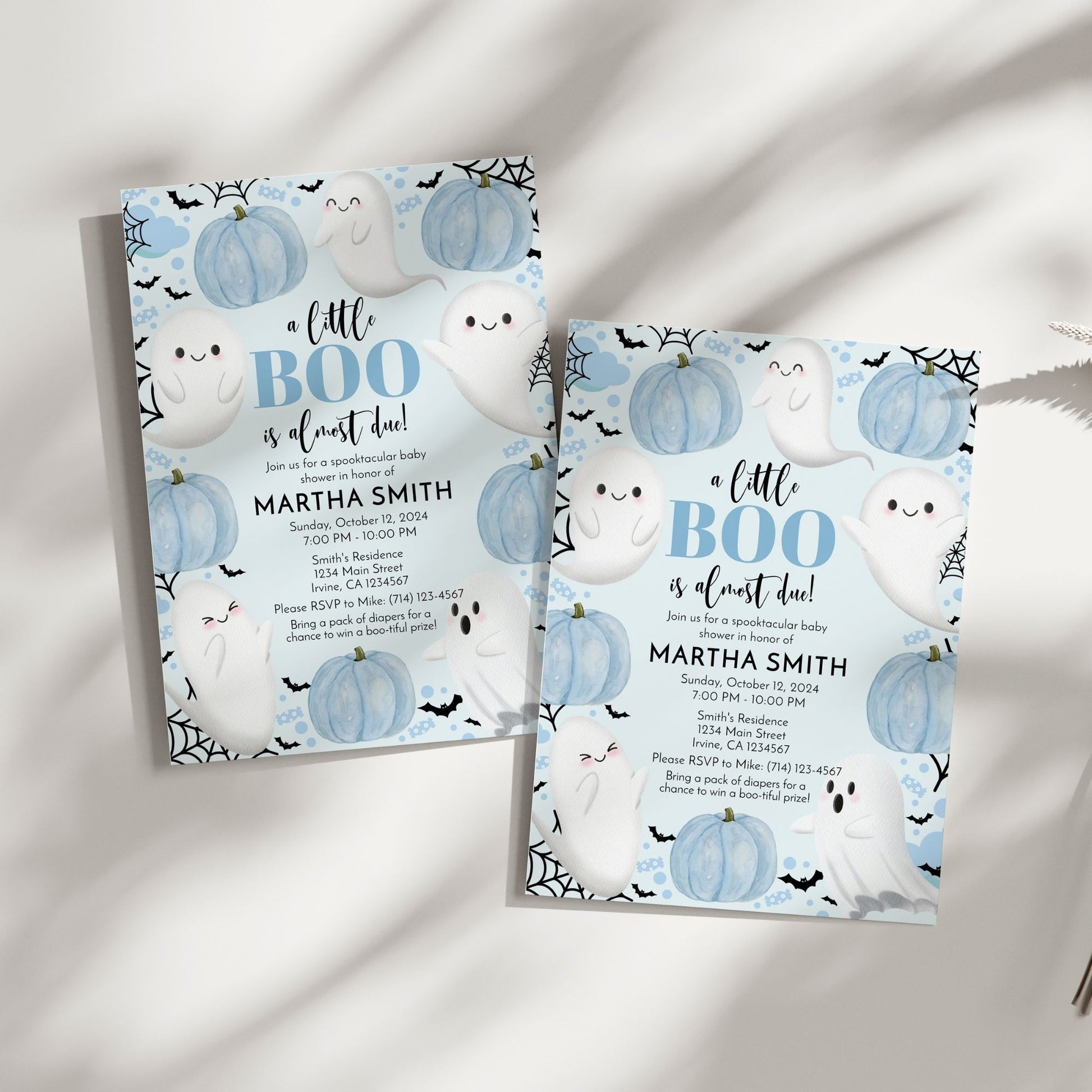 A Little Boo is Almost Due! Halloween Baby Shower Invitation | Blue Ghost Theme | Editable 5x7 Template | Printable Digital Download in Corjl