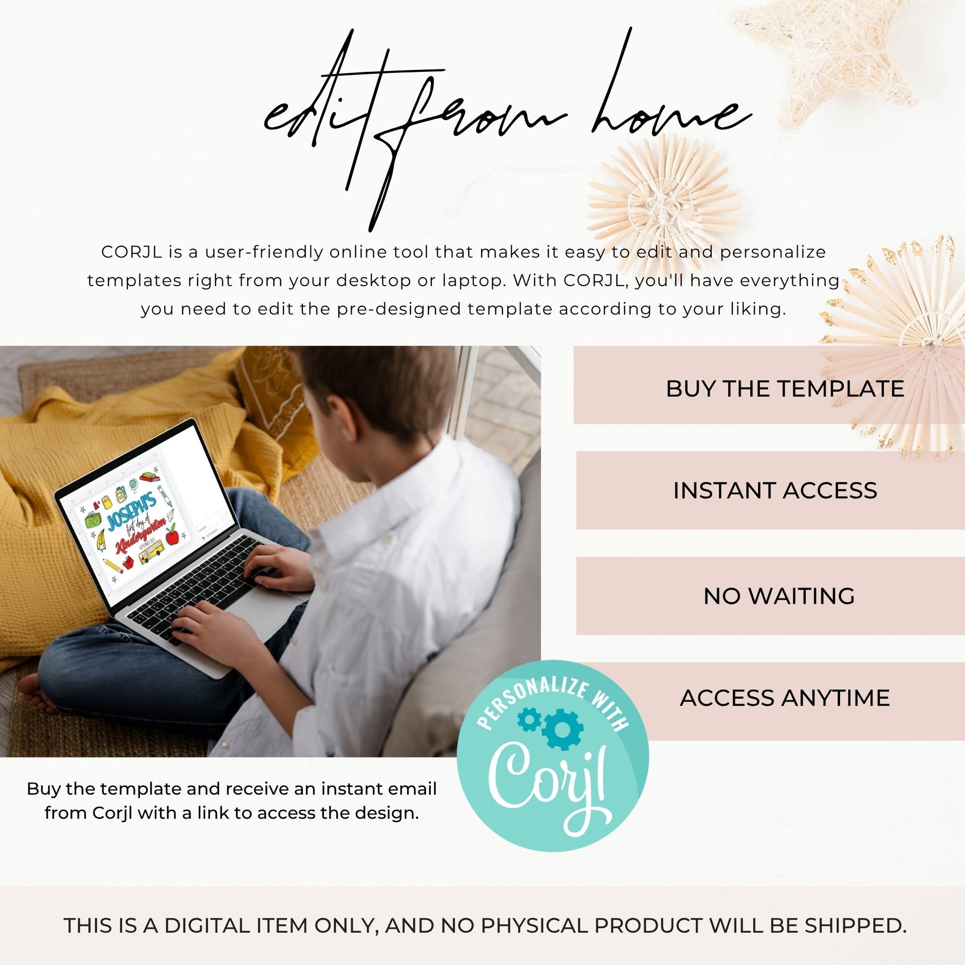 Person using a laptop with CORJL software on a couch, promotional text about the tool.