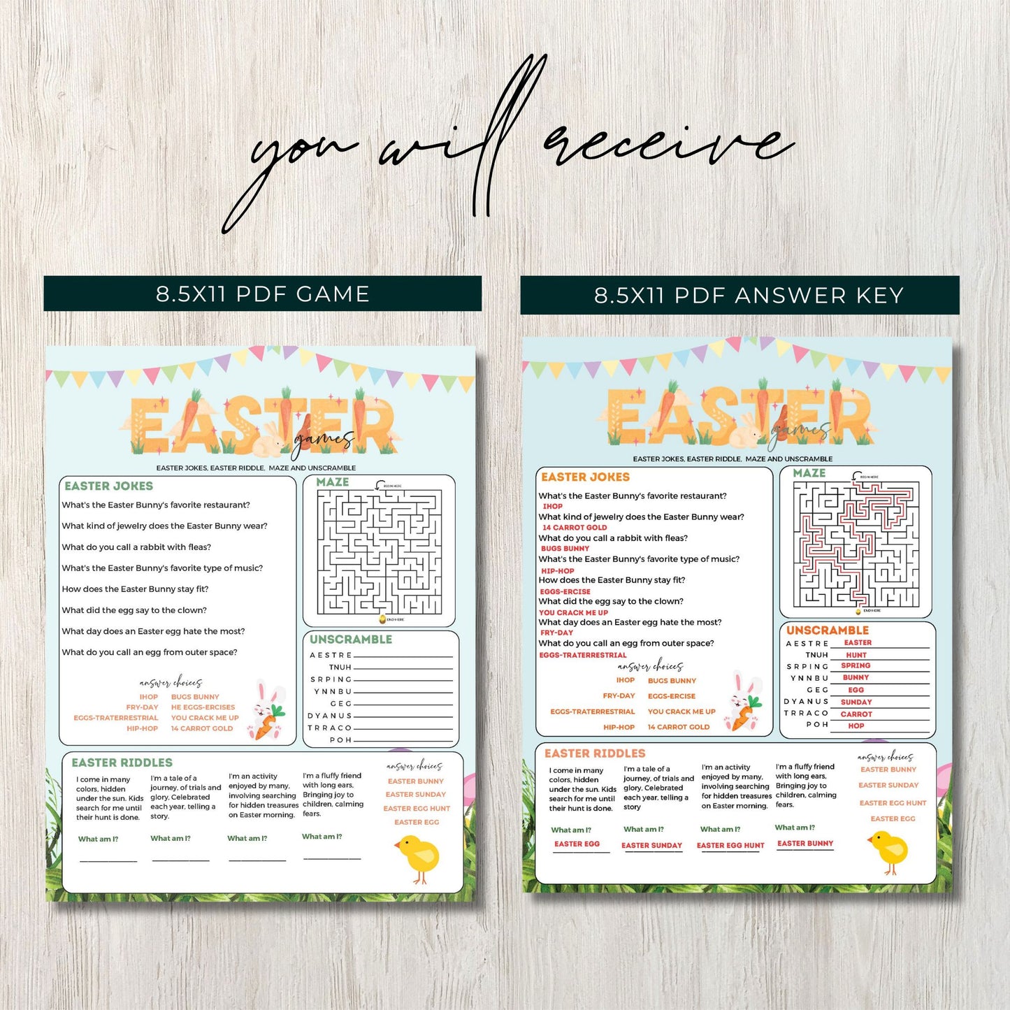 Easter Games Bundle: Jokes, Riddles, Maze & Unscramble - Instant Download