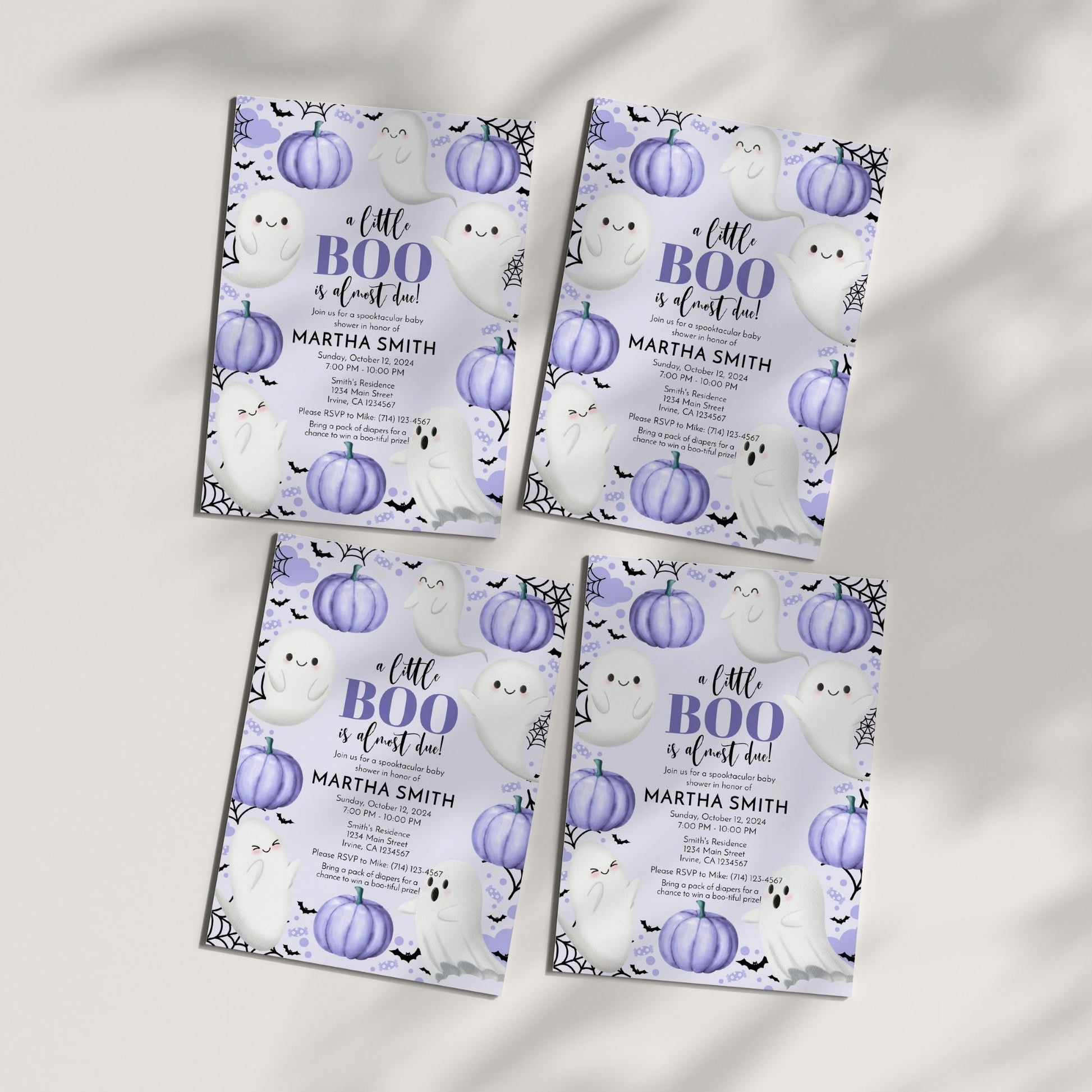 A Little Boo is Almost Due! Purple Ghost Baby Shower Invitation | Editable 5x7 Template | Halloween-Themed Printable in Corjl