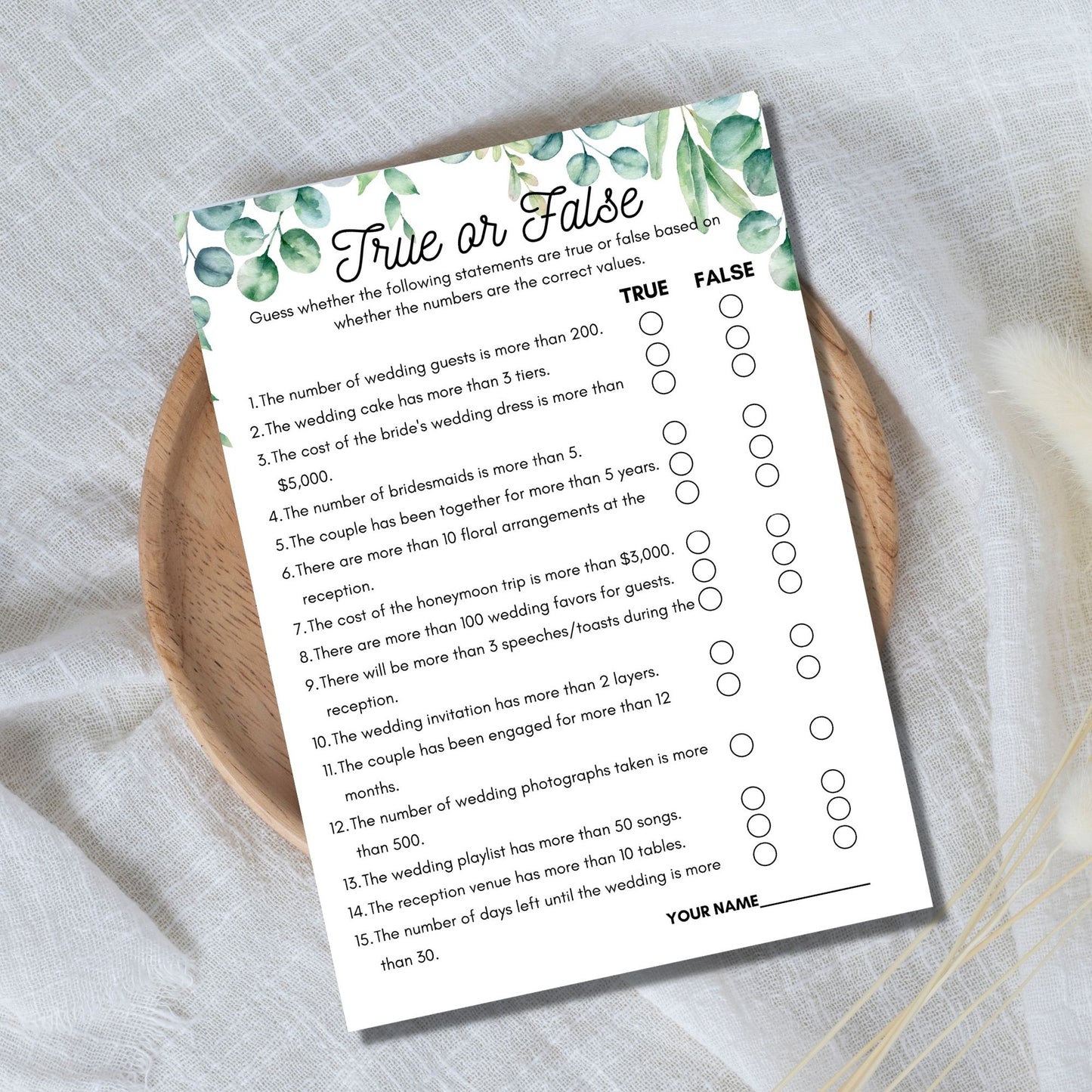 Bridal Shower True or False Game - Greenery