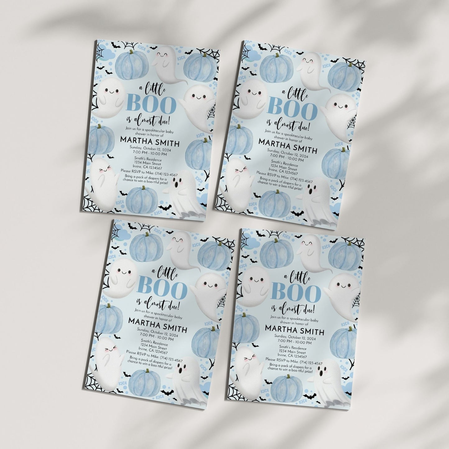 A Little Boo is Almost Due! Halloween Baby Shower Invitation | Blue Ghost Theme | Editable 5x7 Template | Printable Digital Download in Corjl