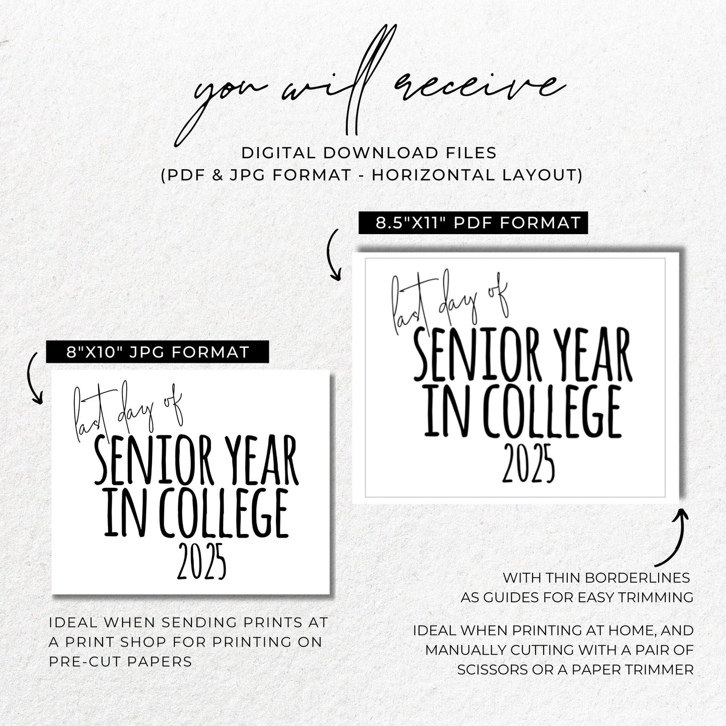 Last Day of Senior Year in College Printable Sign | 4th Year End of School Year Photo Prop | Minimalist 8x10 Black and White Sign | College Graduation Decor