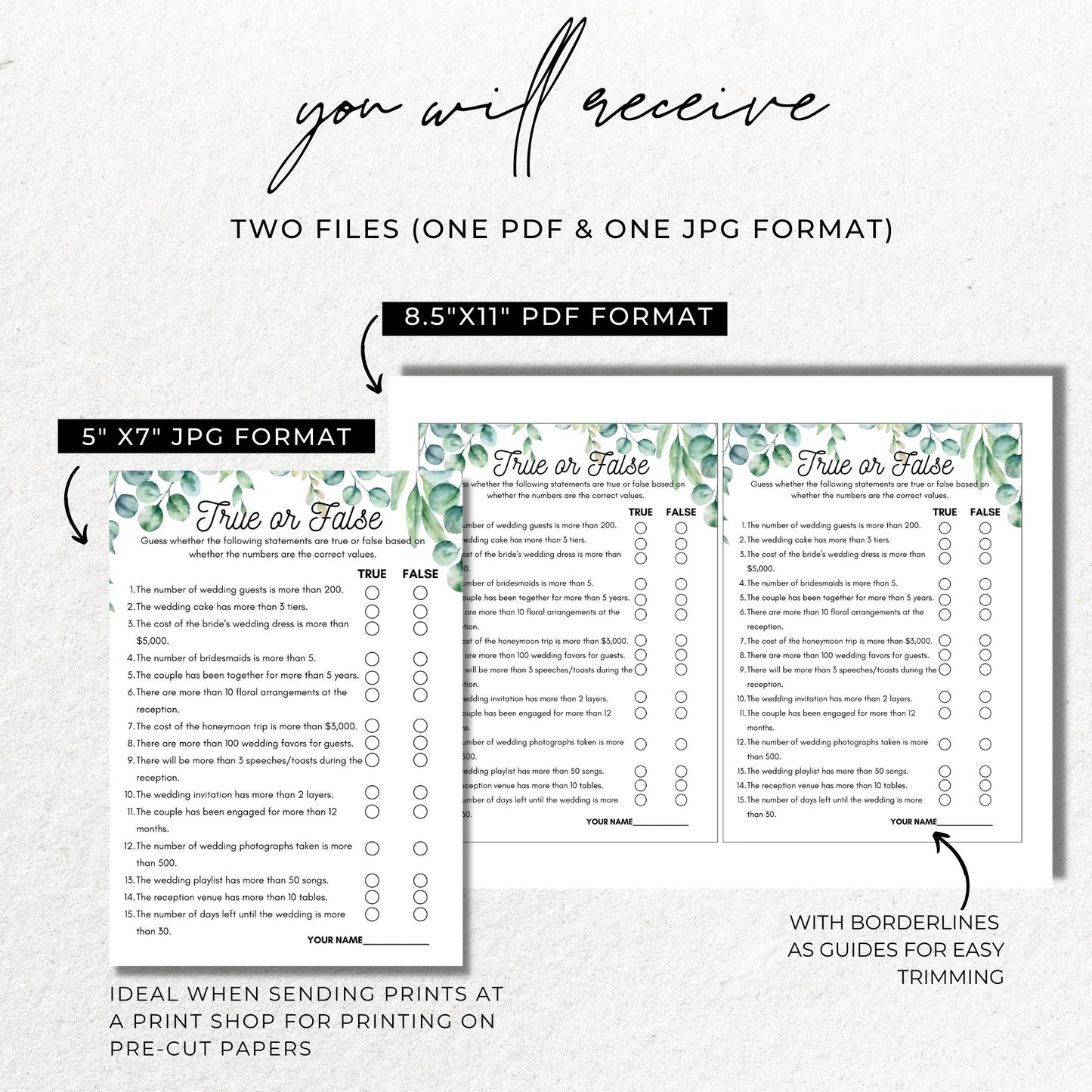 Bridal Shower True or False Game - Greenery