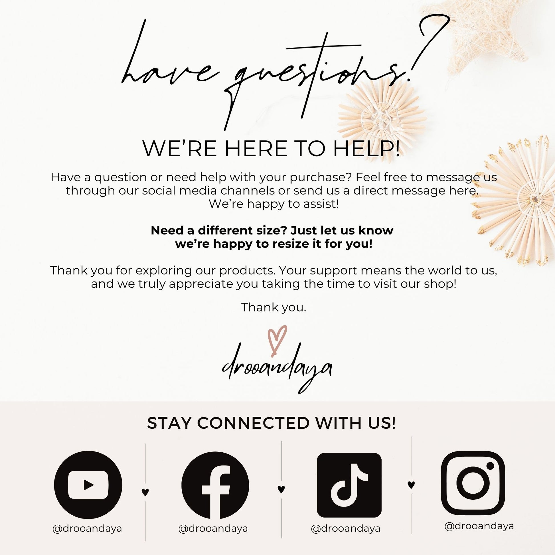 Customer service message from drooandaya with contact information and social media icons.