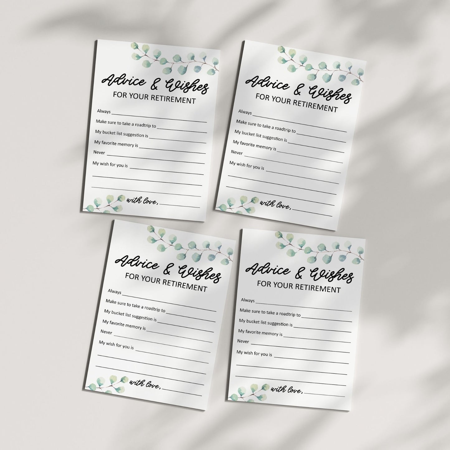 Retirement Advice and Wishes, Elegant Greenery Design, Printable Keepsake for Retirement Party, Instant Download