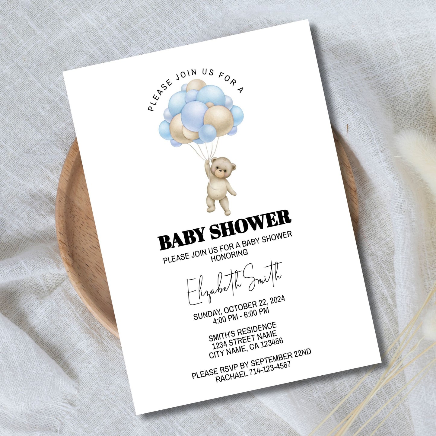 Adorable Bear and Balloons Baby Shower Invitation Template