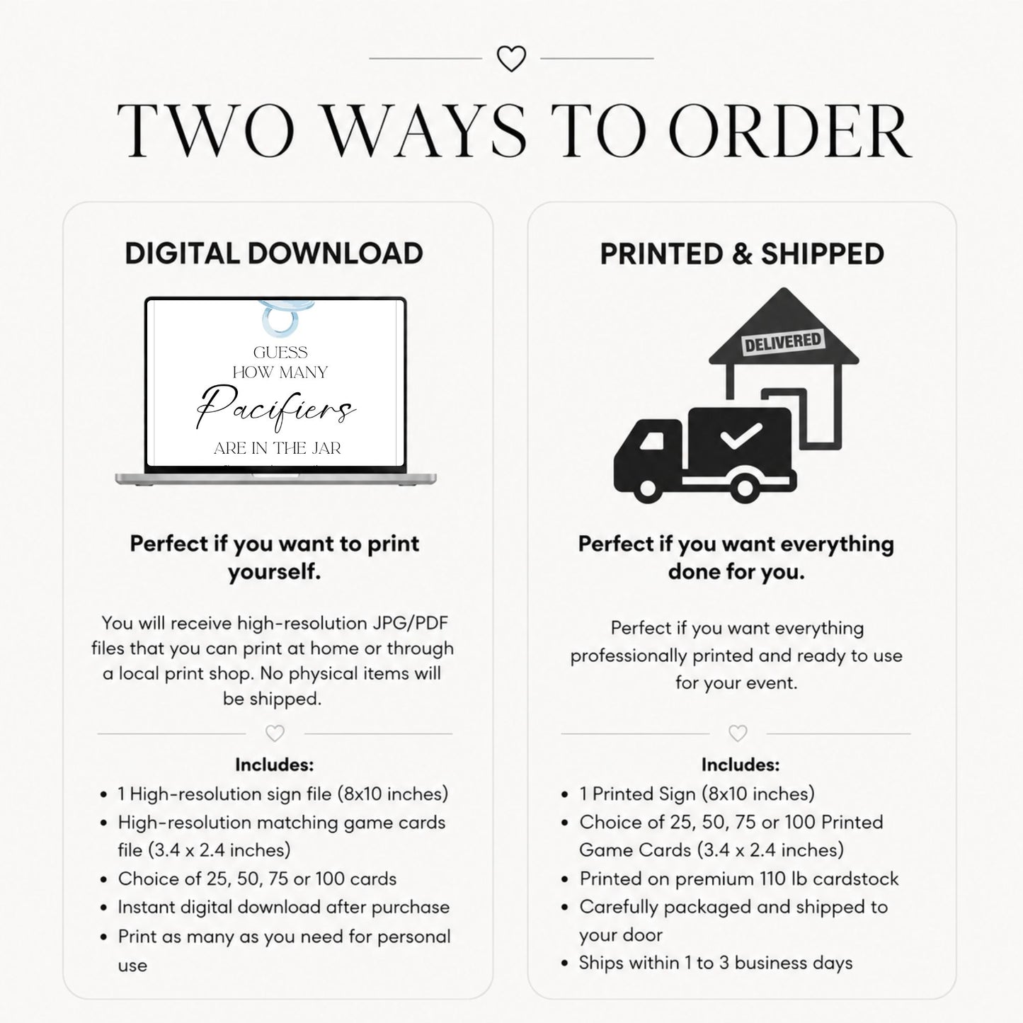 Comparison chart showing two ways to order the "Guess How Many Pacifiers Are in the Jar" baby shower game, including a digital download option with printable files and a professionally printed sign and matching game cards option.