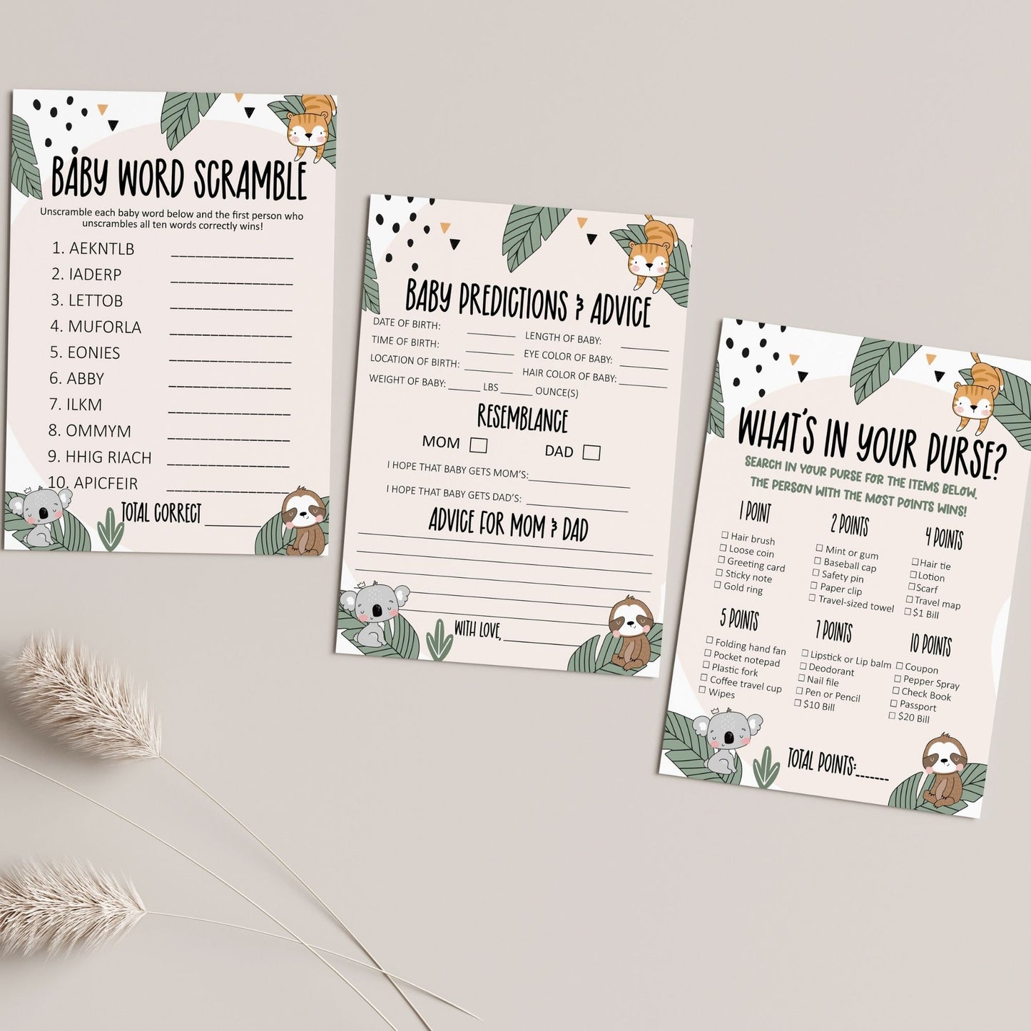 Baby Shower Game Bundle, 5x7 Printable with 8.5x11 PDF & JPEG Included, Fun Baby Shower Activities, Instant Download, Cute Animal Design