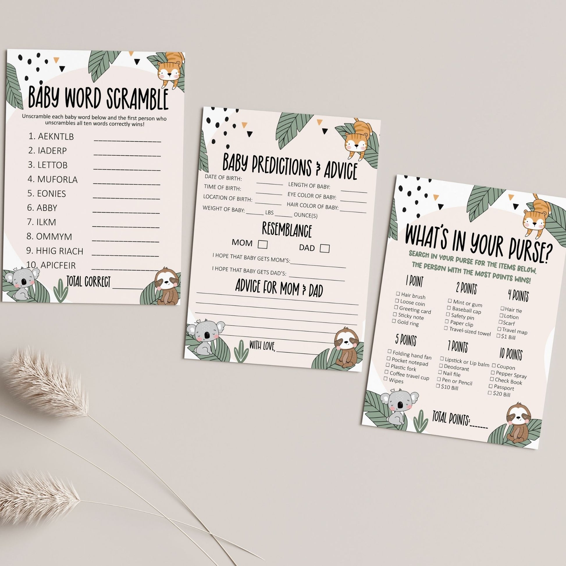 Baby Shower Game Bundle, 5x7 Printable with 8.5x11 PDF & JPEG Included, Fun Baby Shower Activities, Instant Download, Cute Animal Design