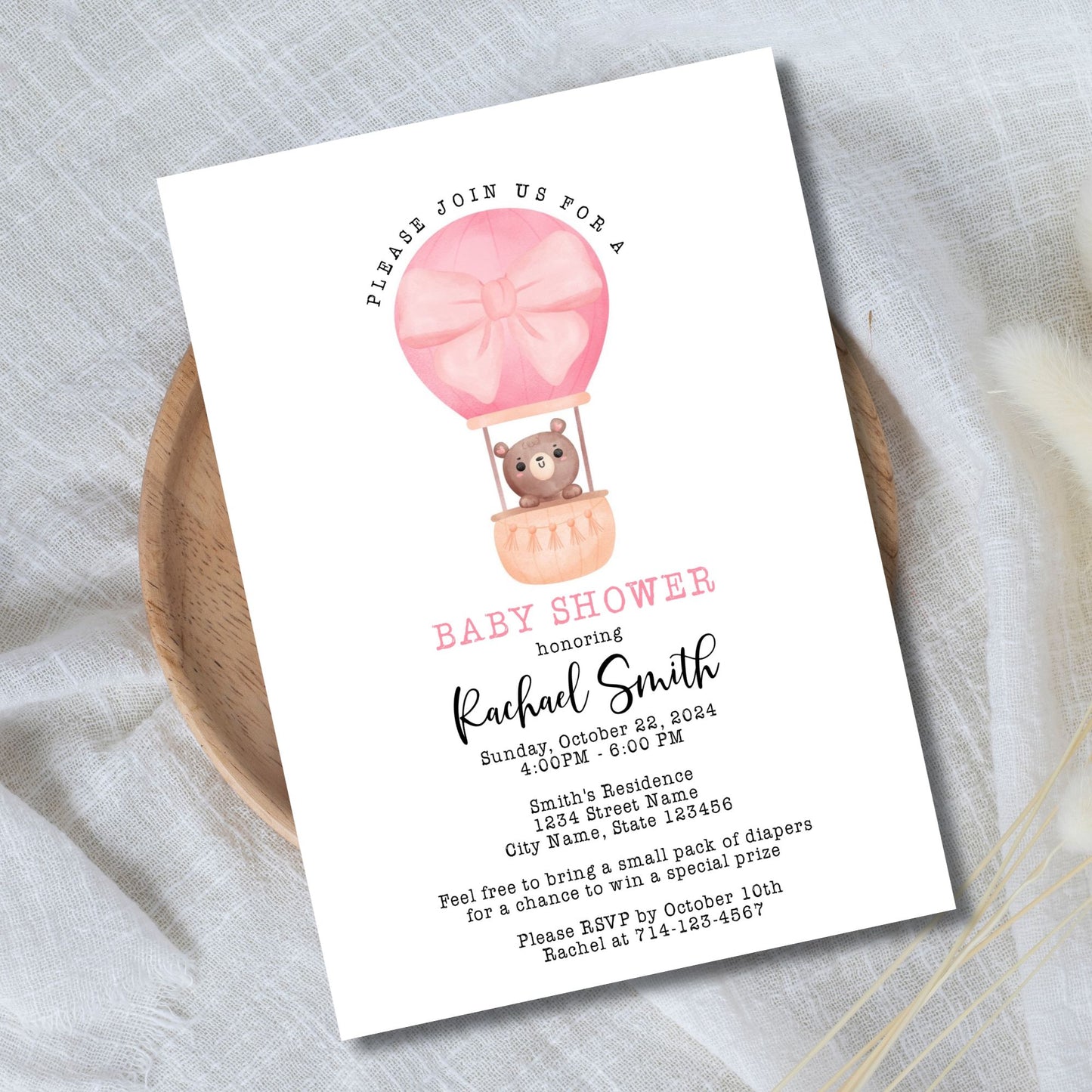 Adorable Bear Hot Air Balloon Baby Shower Invitation Template