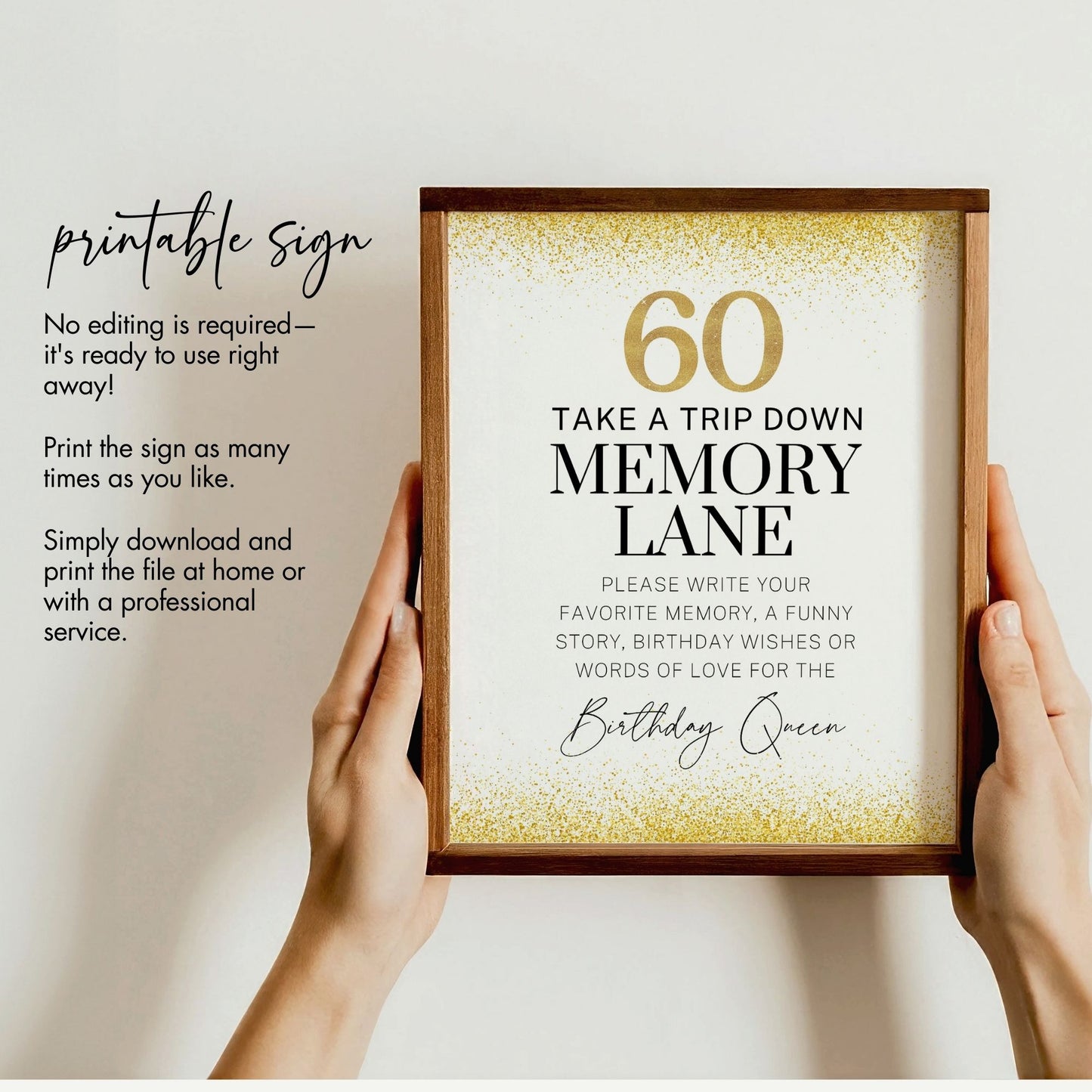 60th Birthday Memory Lane Sign, 8x10 Printable Party Decor, Gold Glitter Design, Share Favorite Memories, Birthday Wishes for the Birthday Queen