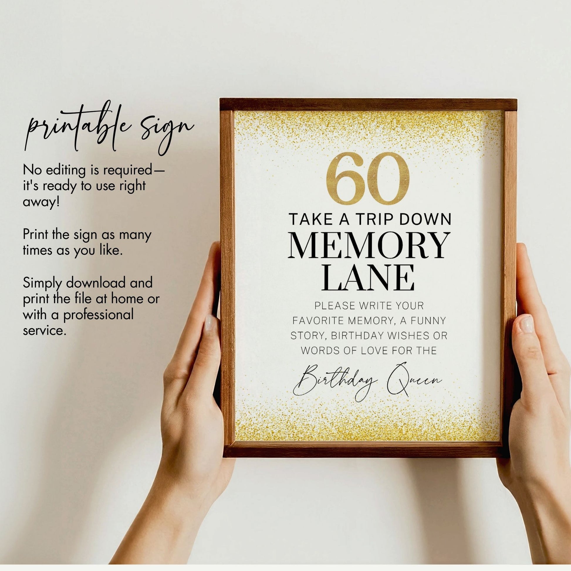 60th Birthday Memory Lane Sign, 8x10 Printable Party Decor, Gold Glitter Design, Share Favorite Memories, Birthday Wishes for the Birthday Queen