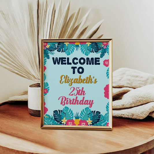 Birthday Editable Sign, 8x10 Corjl Template, Tropical Theme Printable Birthday Party Decor for Any Age, Instant Download
