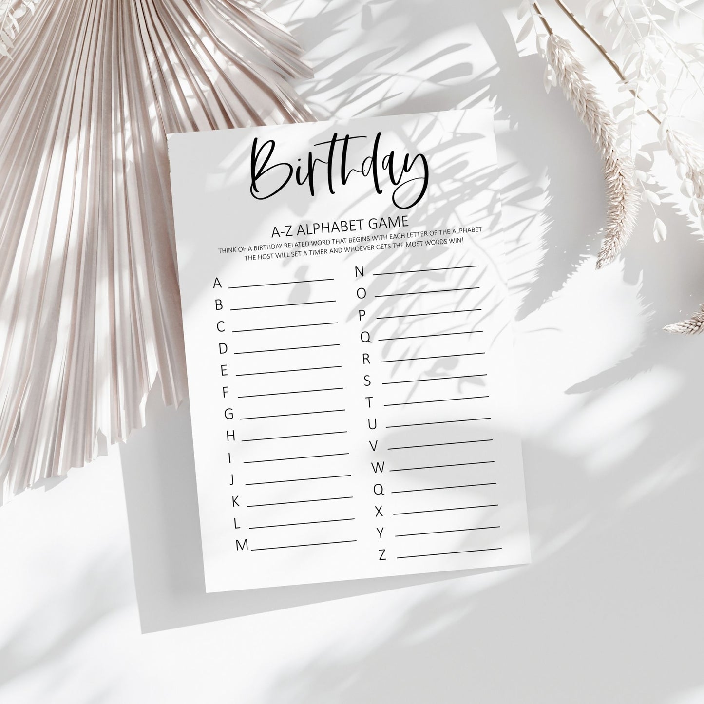 Birthday A-Z Alphabet Game Printable, Fun and Interactive Birthday Party Activity for Guests, Easy-to-Play Word Game, Instant Download for All Ages