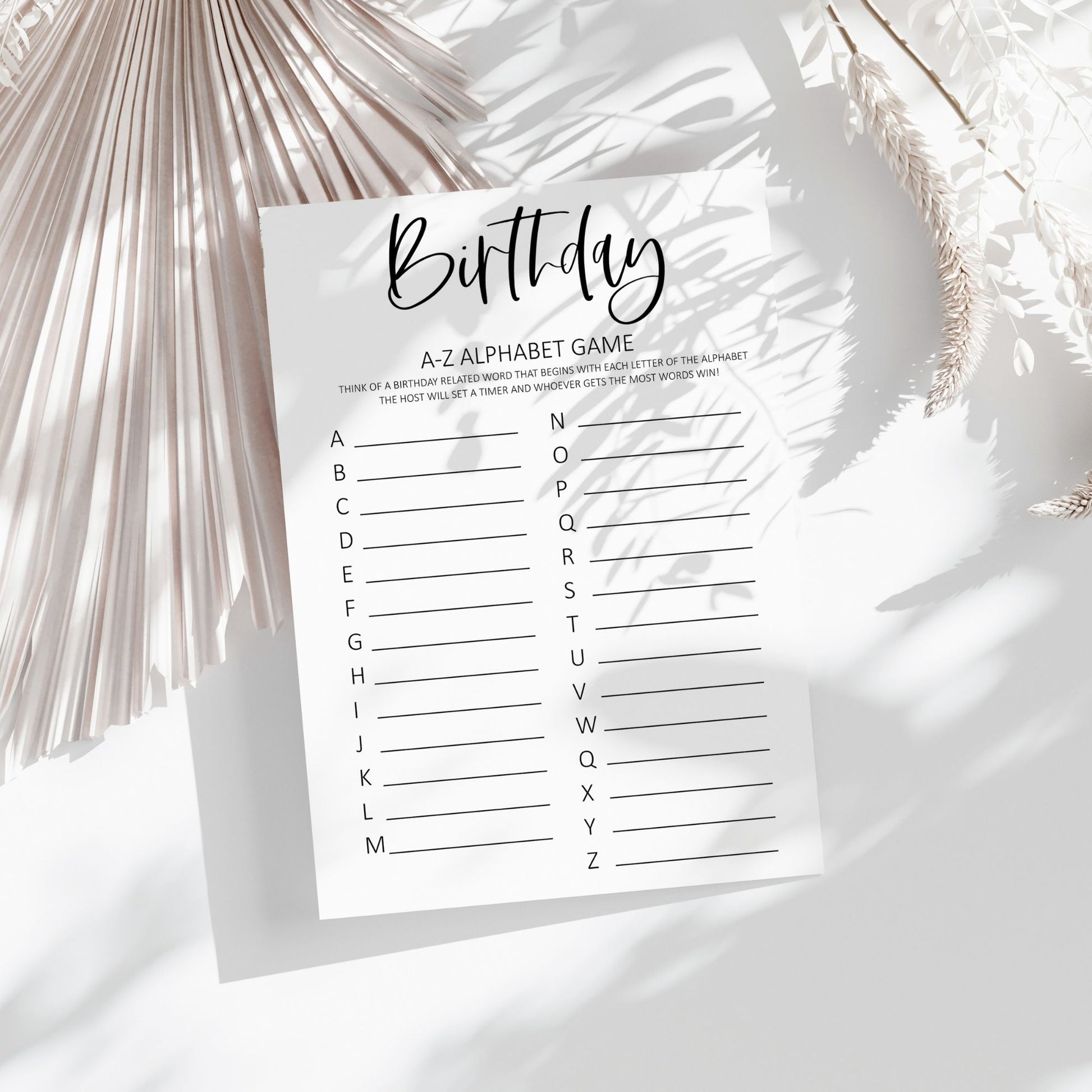 Birthday A-Z Alphabet Game Printable, Fun and Interactive Birthday Party Activity for Guests, Easy-to-Play Word Game, Instant Download for All Ages